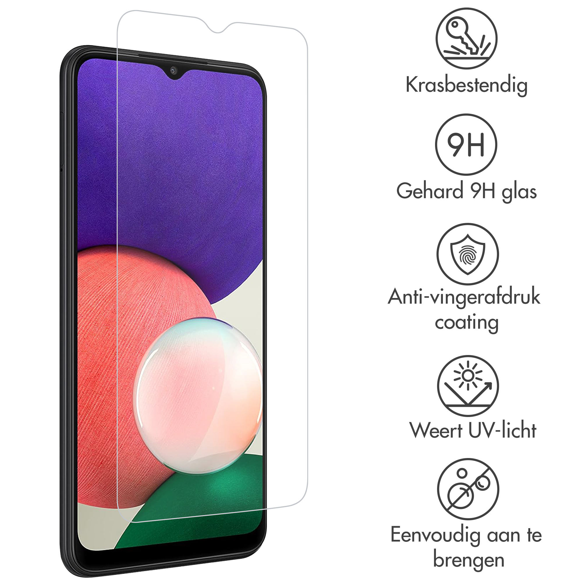 Een schermbeschermer voor een telefoon met het scherm van de telefoon zichtbaar. Info-iconen rechts beschrijven functies.