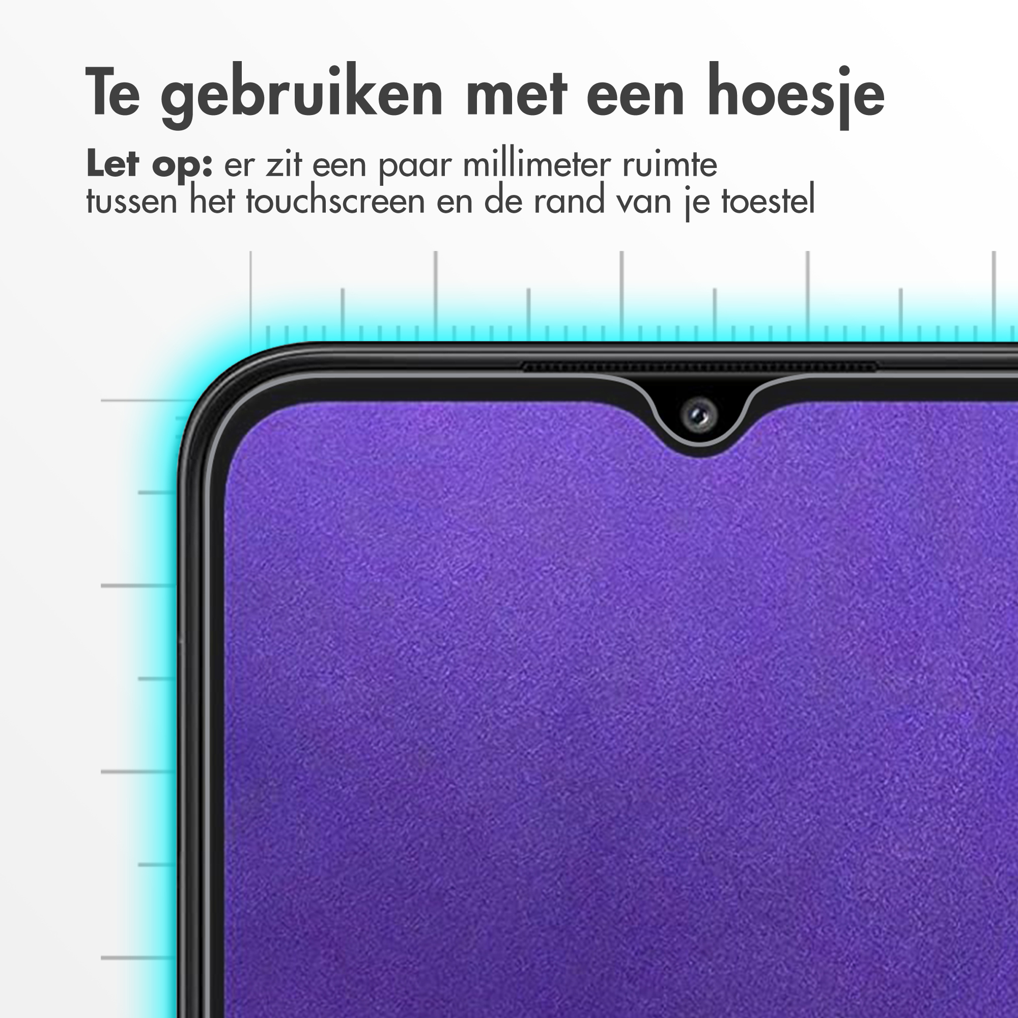 Een beschermfolie voor het telefoonscherm met Nederlandse tekst. Het scherm is paars. De bovenkant heeft een uitsparing voor de camera.