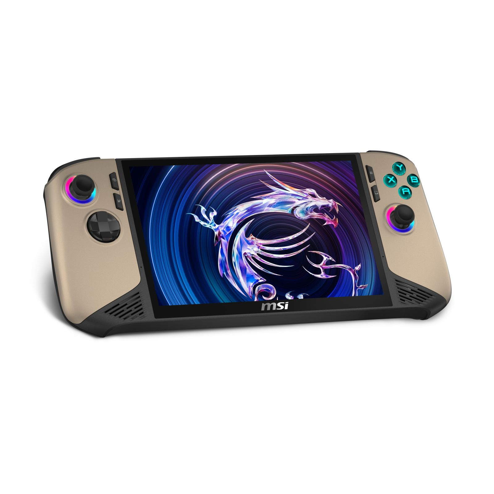 Draagbare gameconsole met draak op het scherm. Goudkleurige zijkanten, zwarte accenten en knoppen.