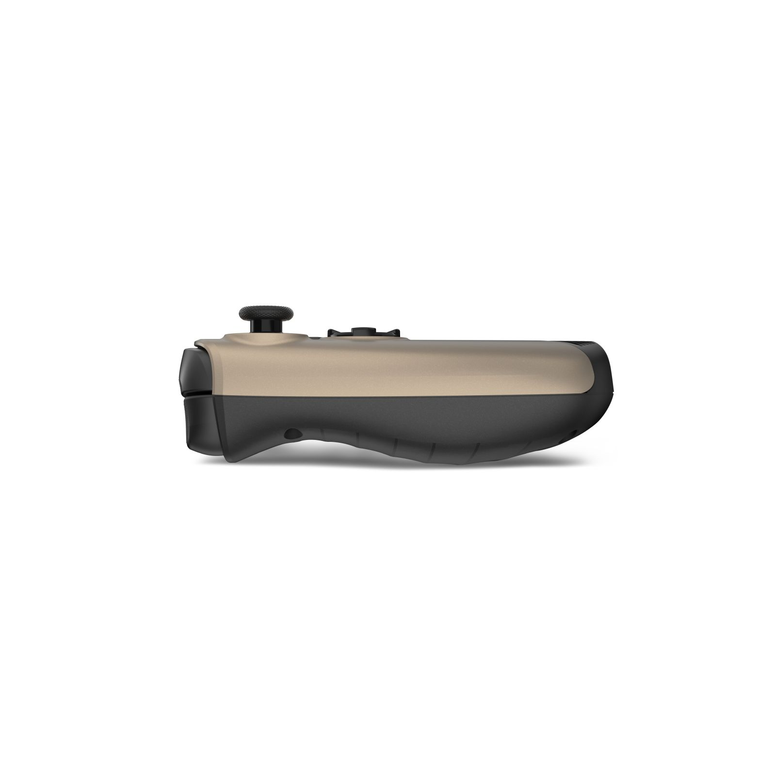 Een draagbare gamecontroller, beige en zwart, ligt op een wit oppervlak. Het heeft knoppen en een joystick.