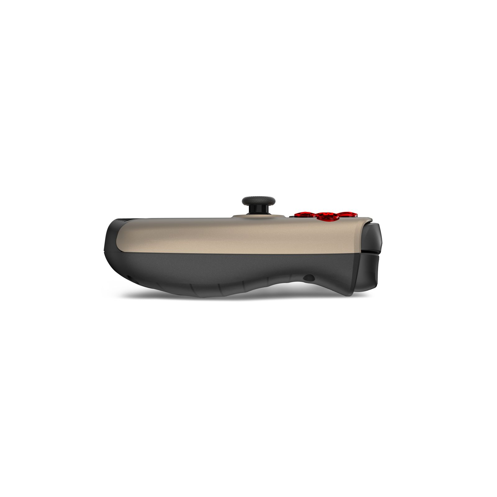 Een handheld apparaat, bruine bovenkant, zwarte onderkant, met joystick en rode knoppen, op witte achtergrond.