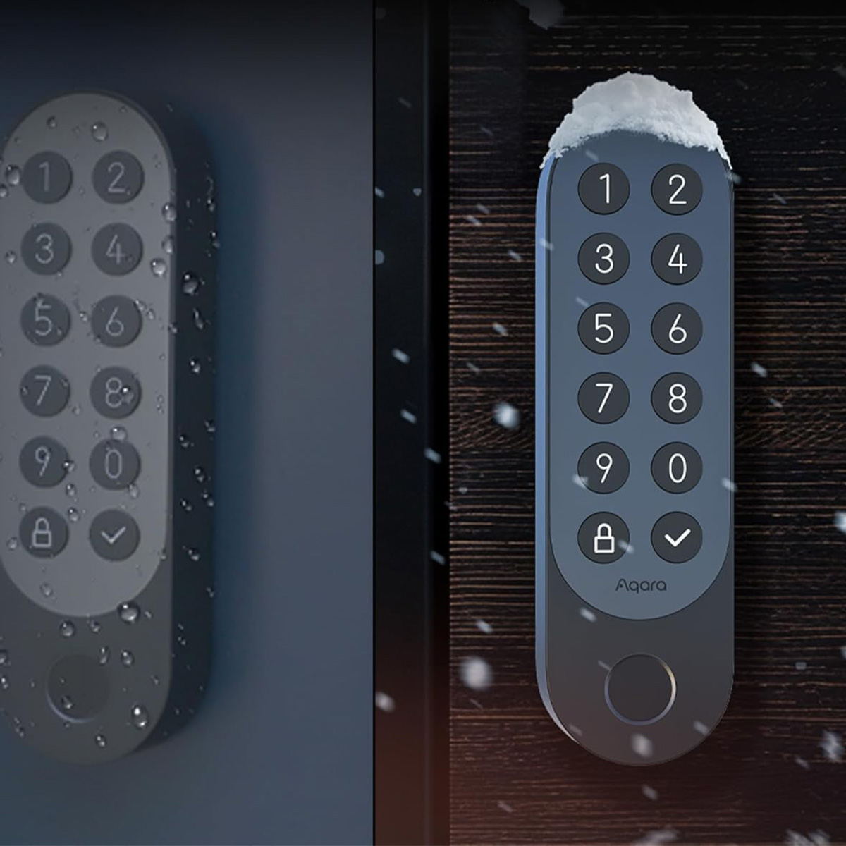 Dos teclados lado a lado, uno mojado, otro nevado, con números 1-0 y símbolos. Logotipo de Aqara en el nevado.