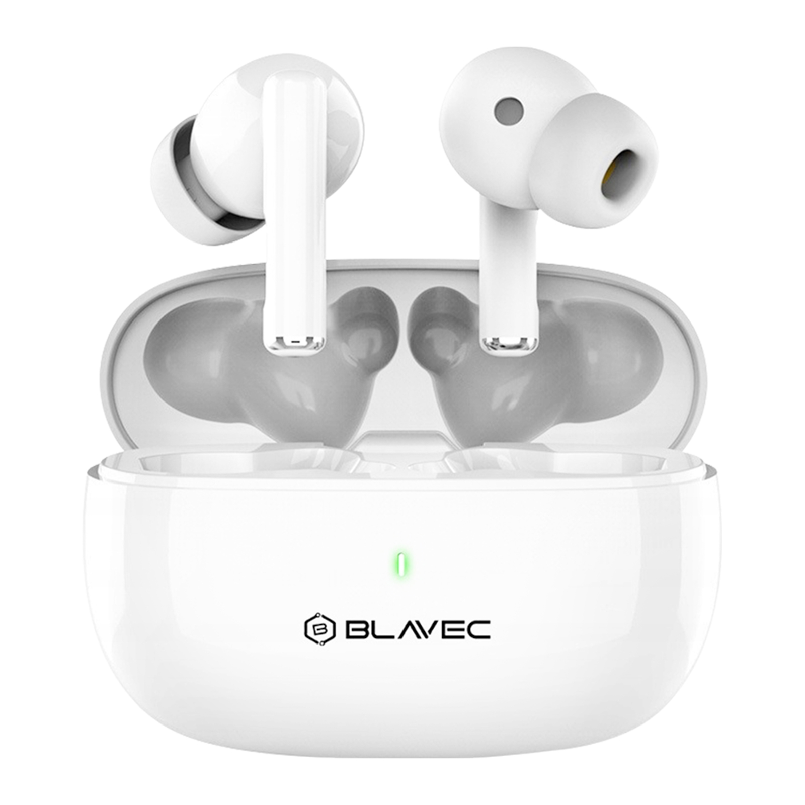Auricolari wireless bianchi in una custodia di ricarica aperta. La custodia ha una luce verde e un logo del marchio. Auricolari nella custodia.