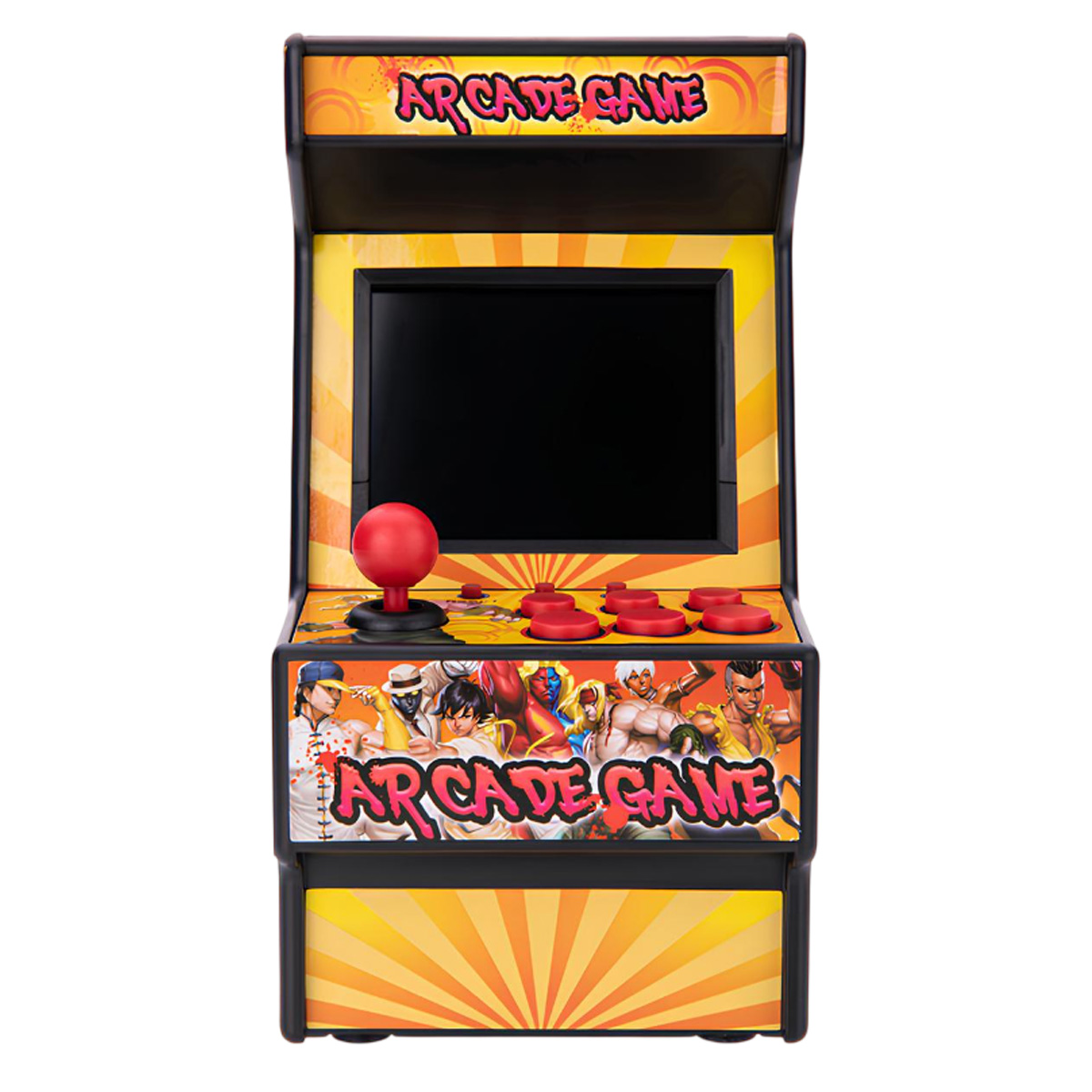 Eine Miniatur-Spielautomatenmaschine. Es hat einen Bildschirm, einen Joystick, Knöpfe und Grafiken von Charakteren. Der Hintergrund ist gelb mit einem Sonnenaufgangsdesign.
