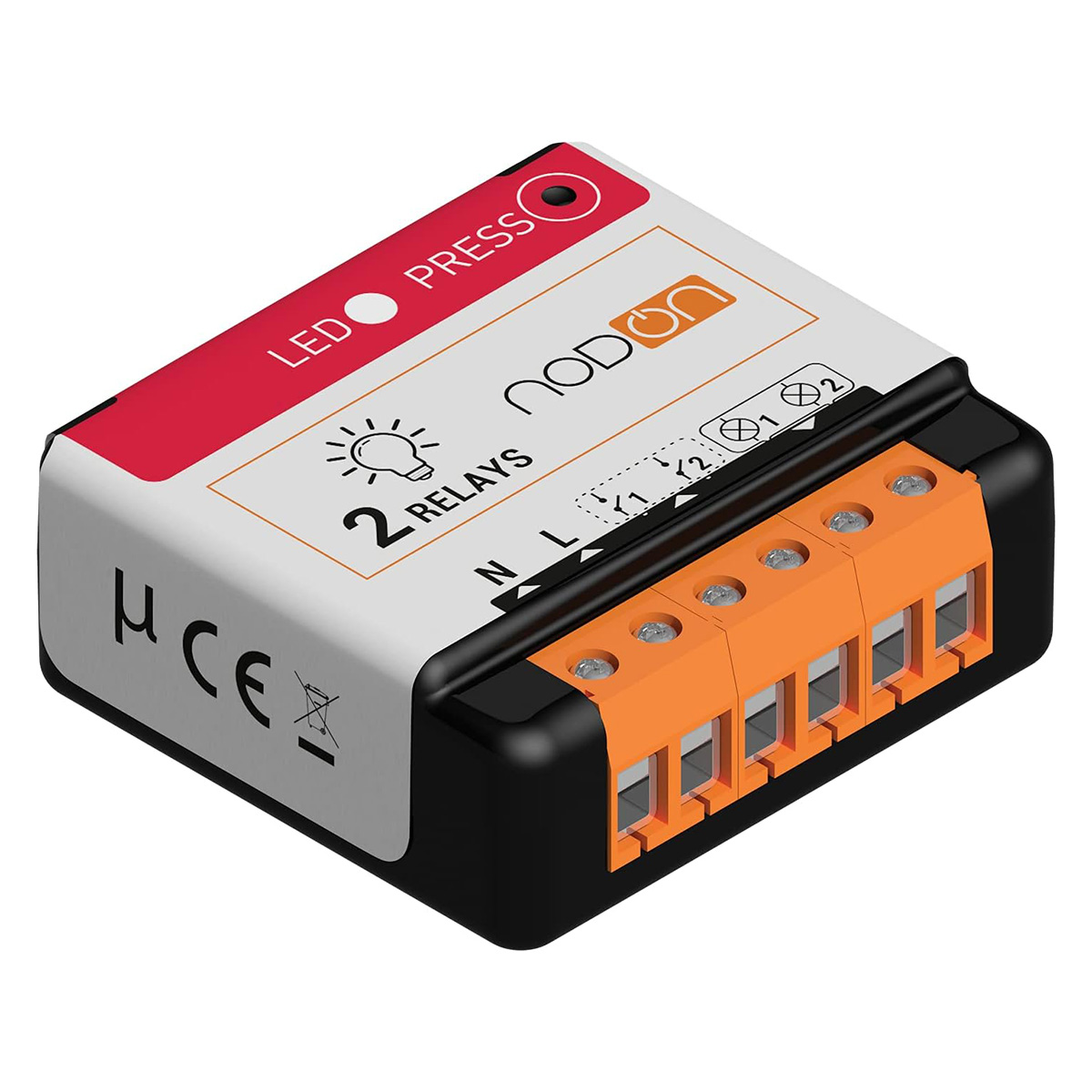 Un dispositivo elettronico bianco e nero con terminali arancioni. Ha testo che dice LED, PRESS, 2 RELAYS e altri simboli.