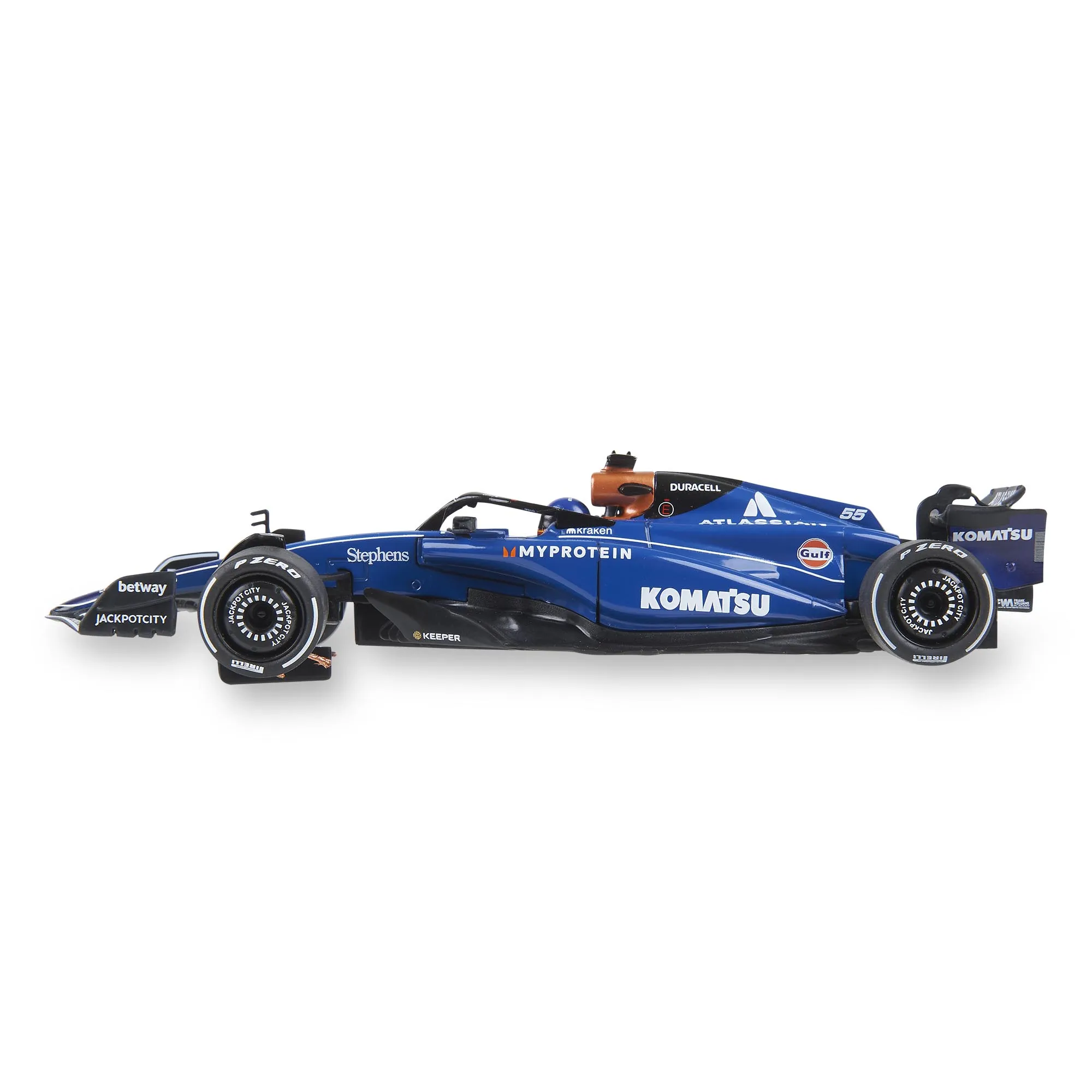 Un coche de carreras F1 azul con logotipos de patrocinadores. Tiene neumáticos negros y está sobre fondo blanco.