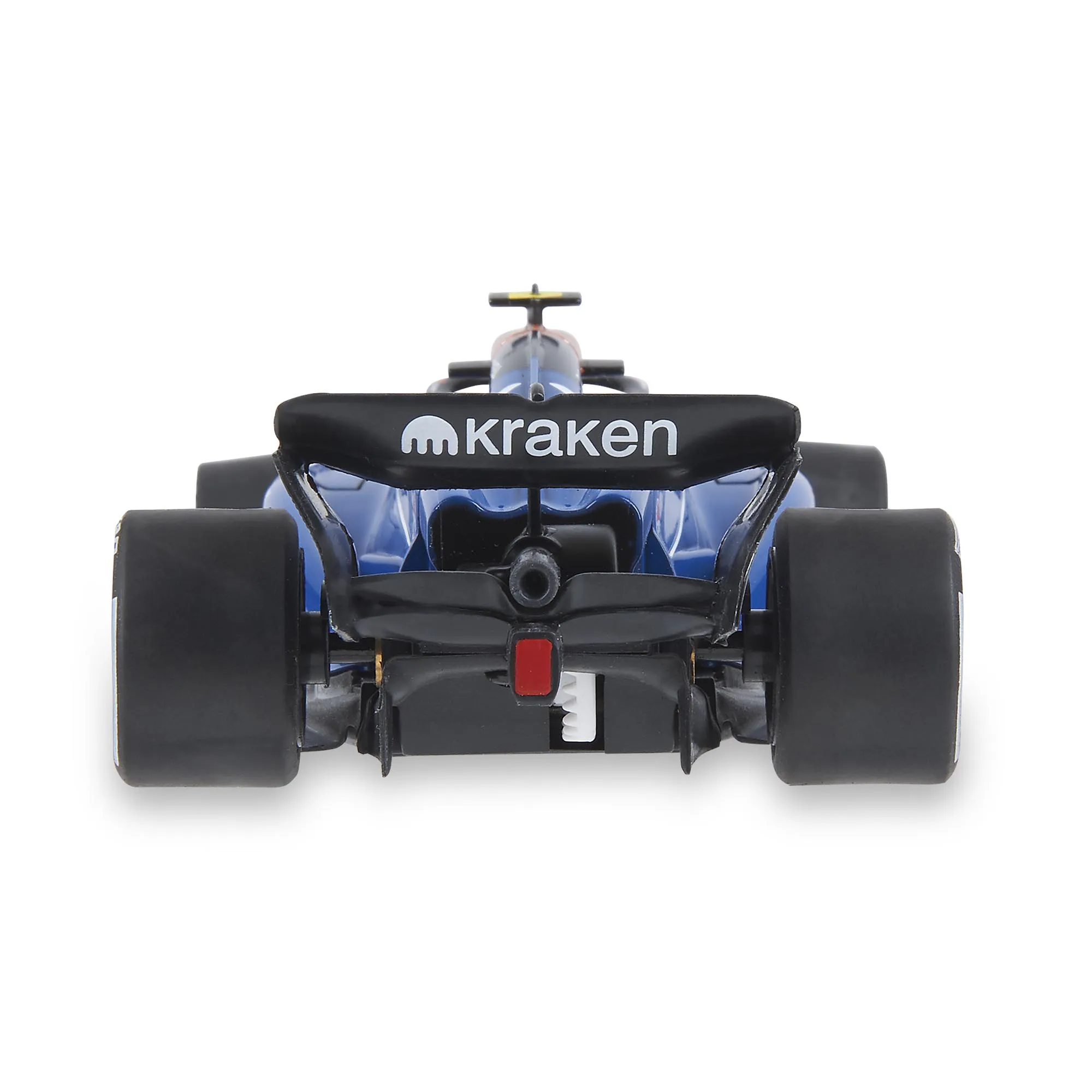 Vista trasera de un coche de carreras de juguete azul y negro con el logo 'kraken' en el alerón, neumáticos negros y fondo blanco.