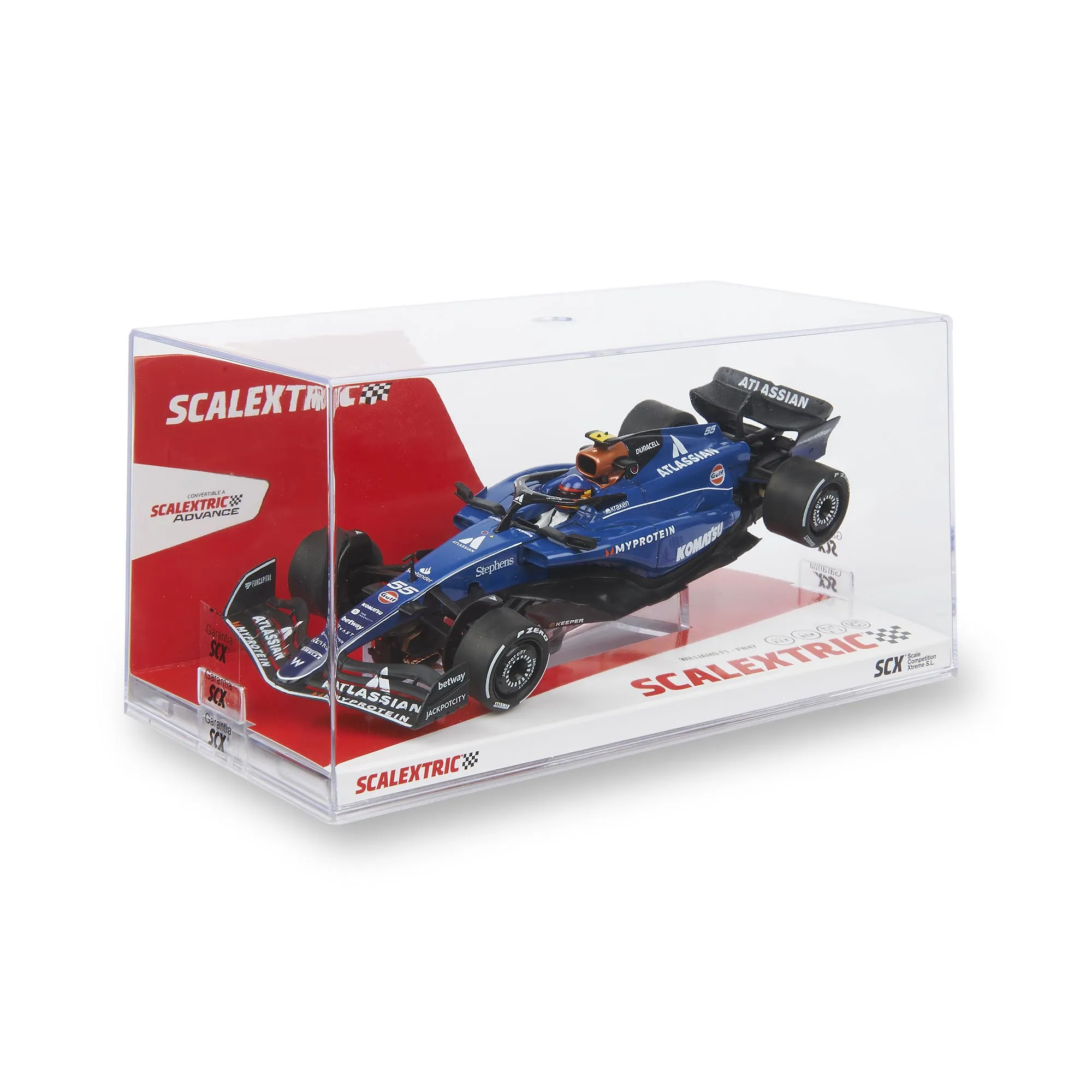 Un modelo de coche de carreras azul y negro en una caja transparente, mostrando logotipos de patrocinadores. La caja tiene marca roja y blanca.