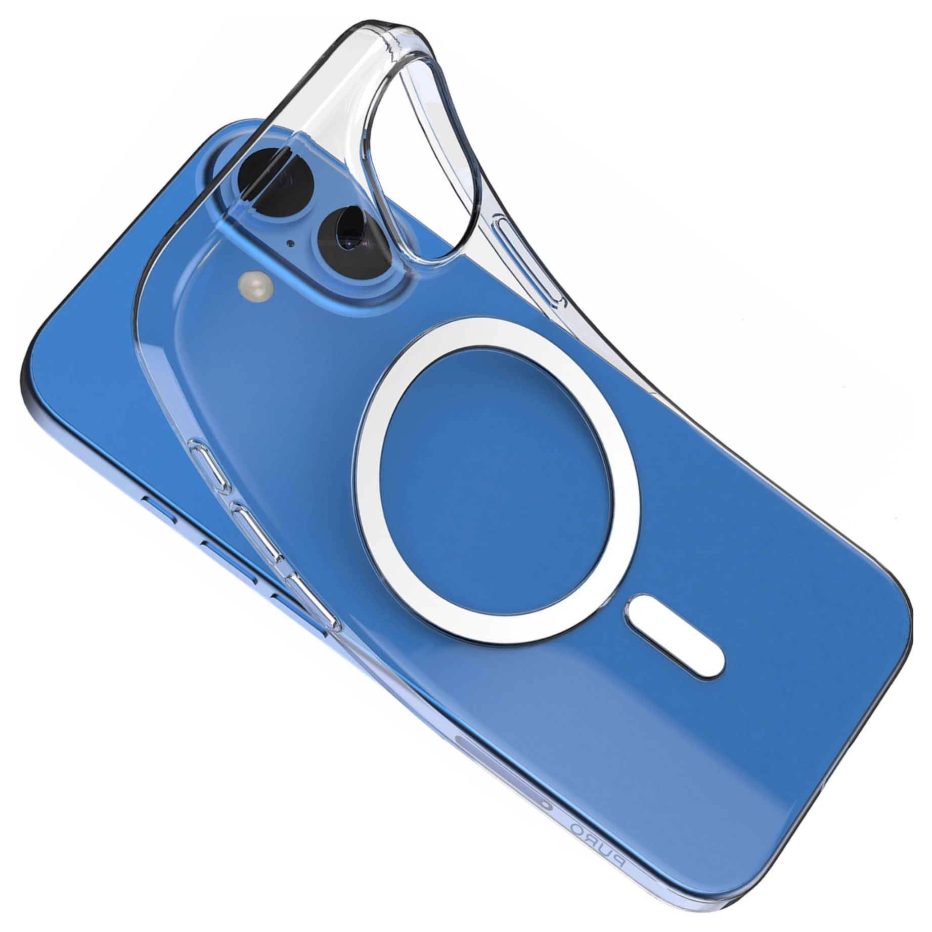 Telefono blu con custodia trasparente. La custodia ha un anello bianco. La fotocamera del telefono è visibile. La custodia è angolata sopra il telefono.