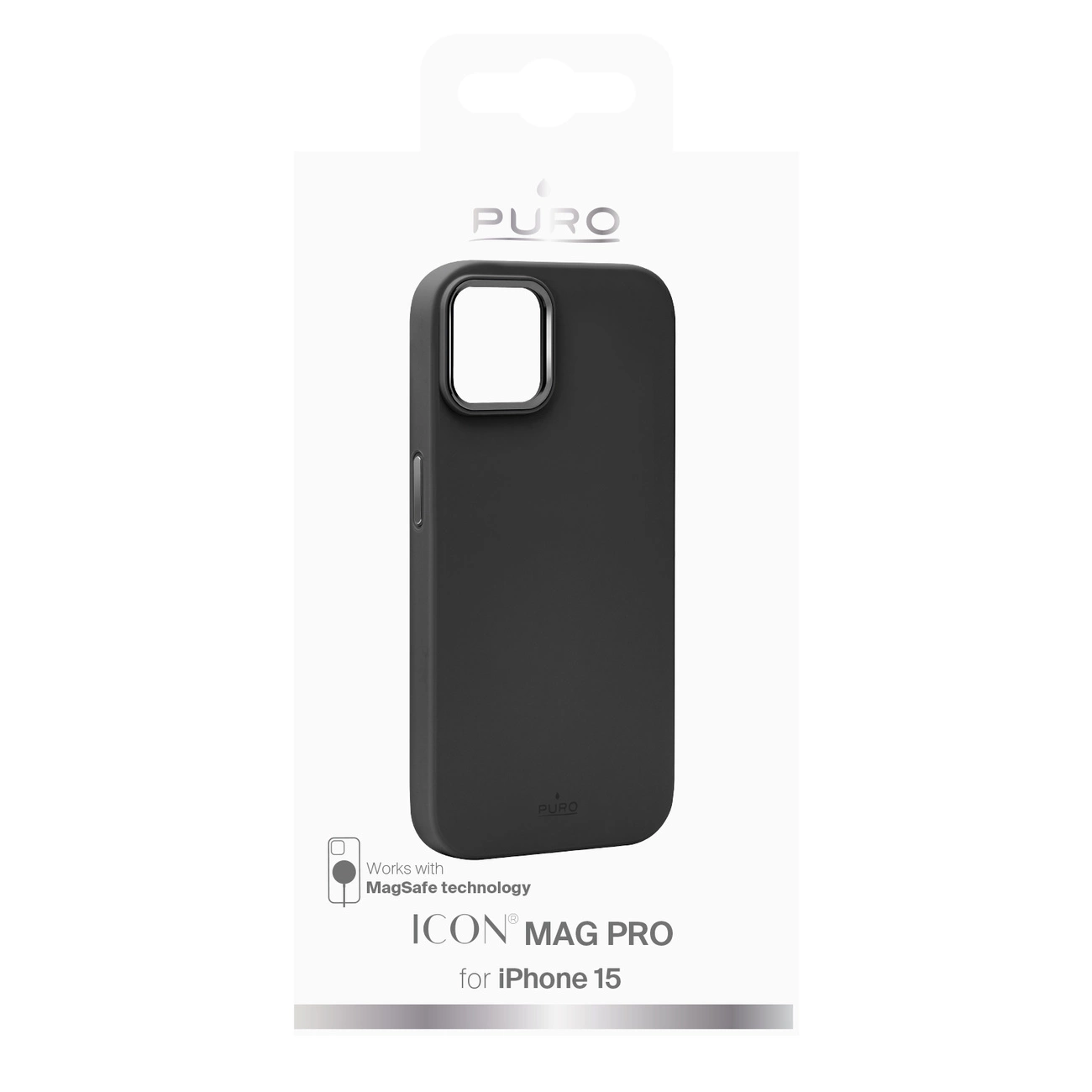 Una custodia nera per iPhone nella confezione. Sulla custodia c'è scritto 'ICON MAG PRO for iPhone 15'. Sulla confezione c'è 'PURO'.