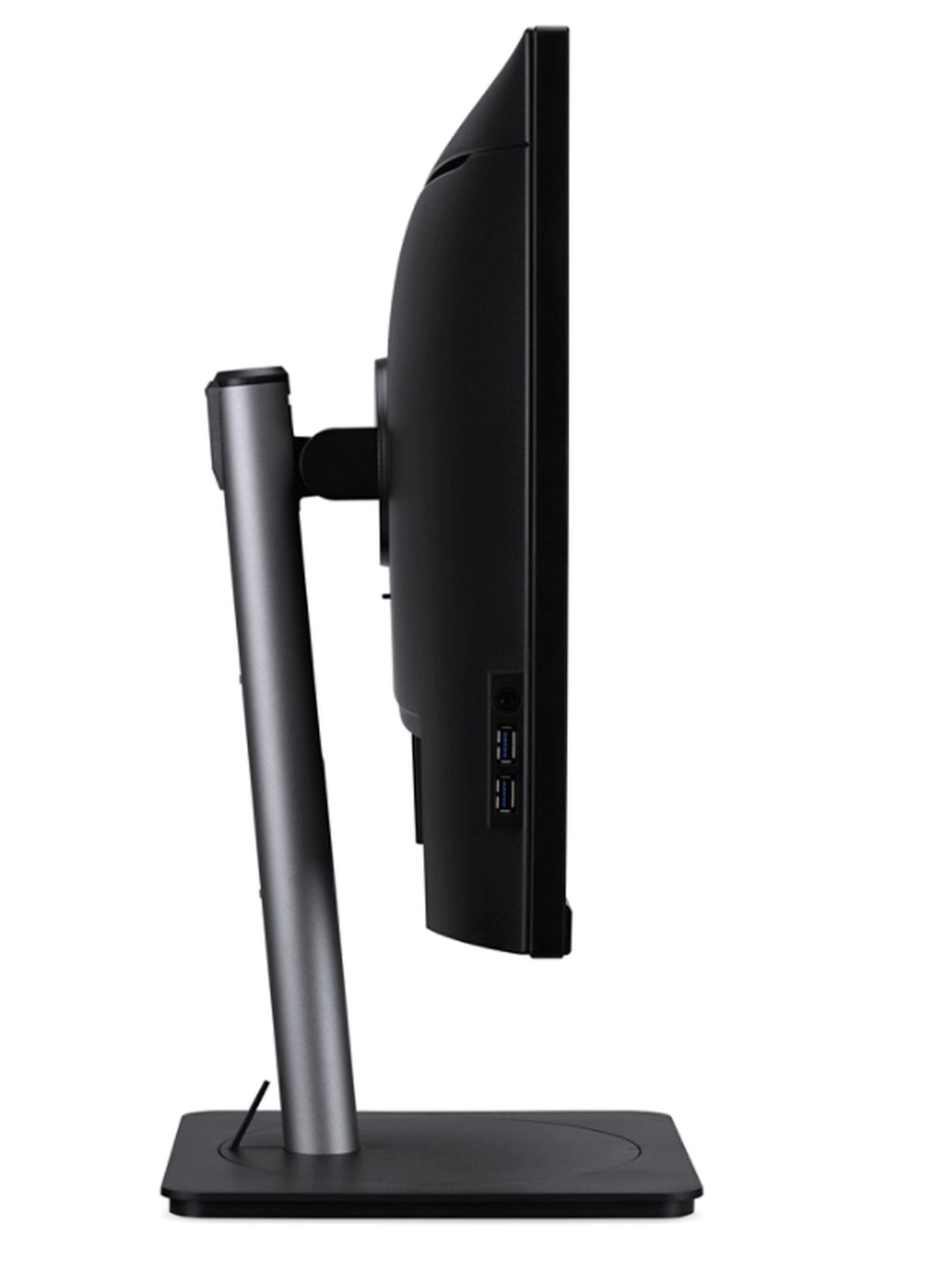 Widok z boku czarnego monitora komputerowego. Znajduje się na szarej podstawie. Tło jest białe.