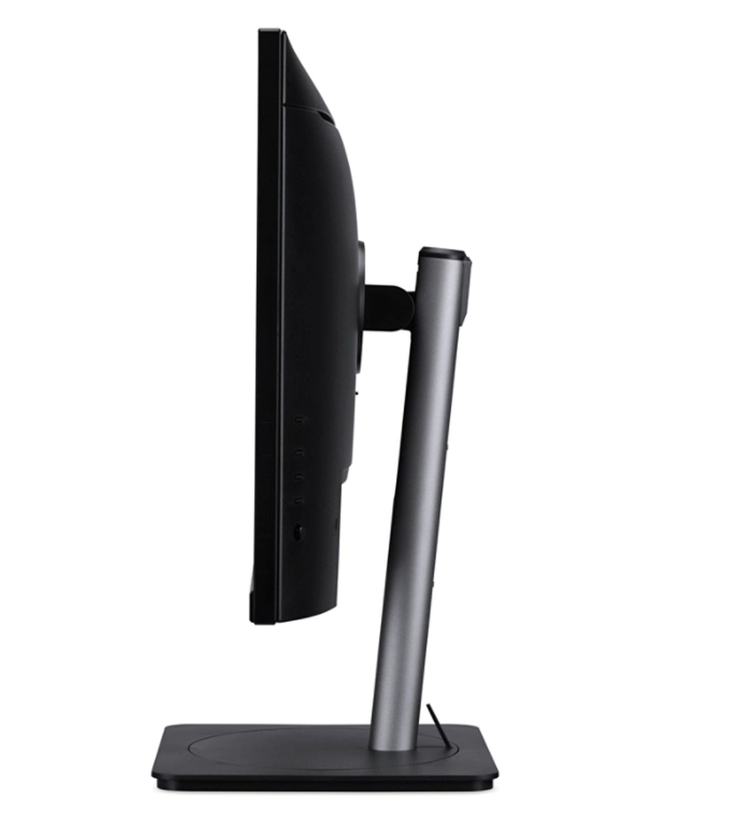 Widok z boku czarnego monitora komputerowego. Ma srebrną podstawę i czarną podstawę. Tło jest białe.