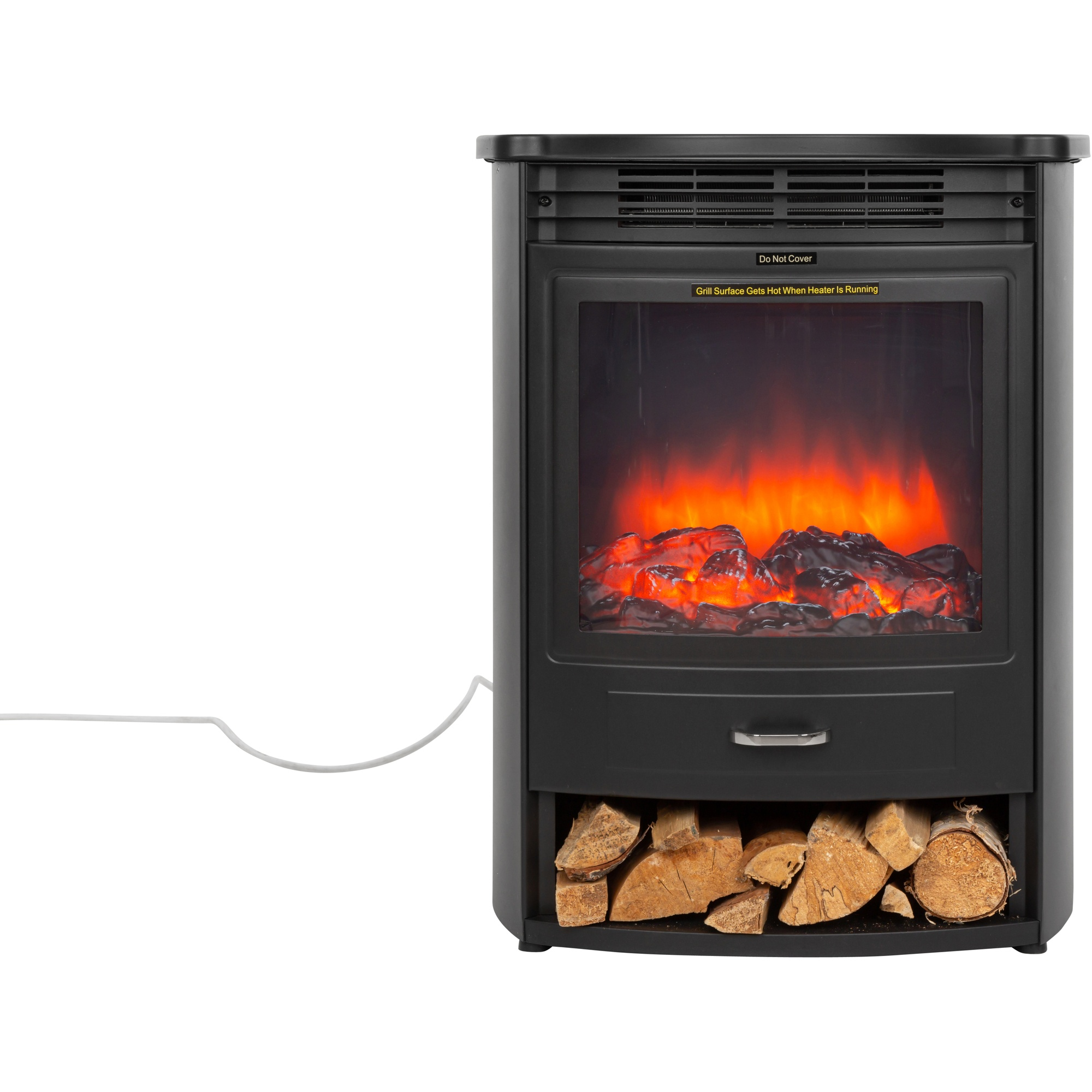 Caminetto elettrico nero con effetto fuoco acceso. I ceppi sono alla base. Ha un cavo di alimentazione.