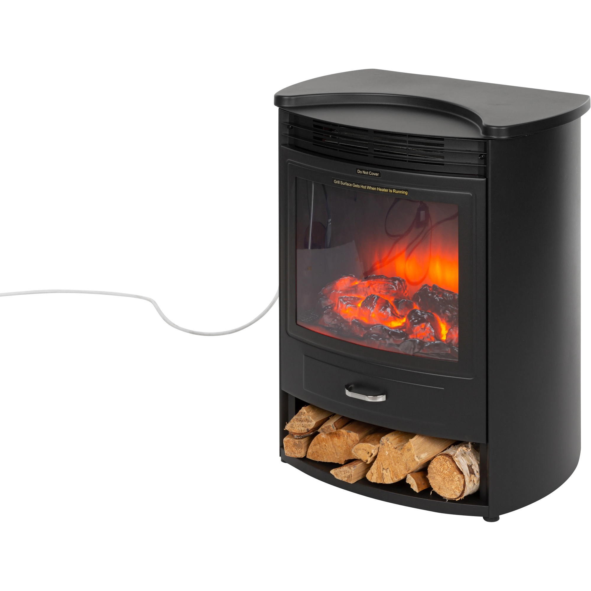 Caminetto elettrico nero con effetto fuoco arancione, ceppi e cassetto per la legna.