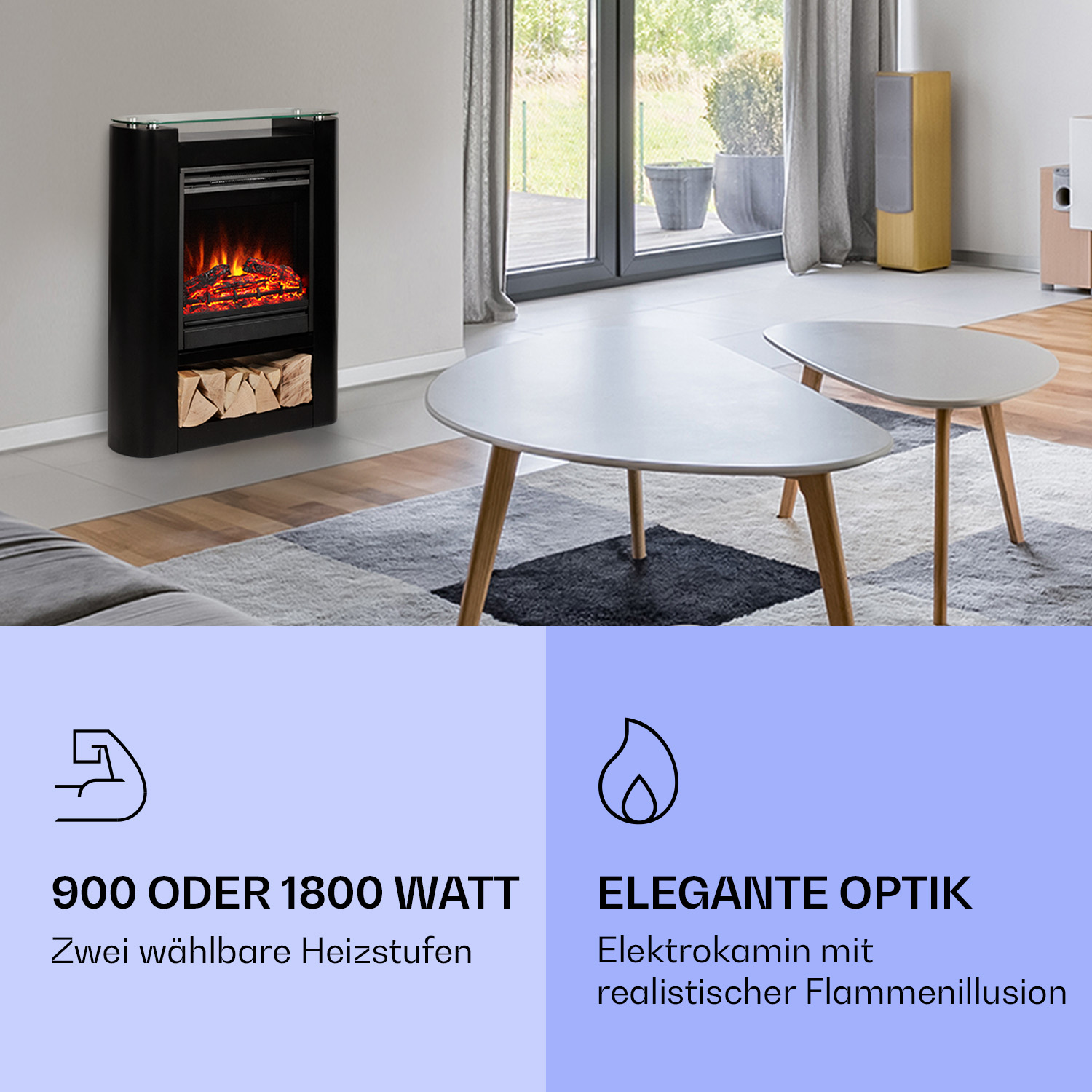 Una chimenea eléctrica moderna con efecto de llama realista está en una sala de estar. También hay dos mesas, una alfombra y altavoces.