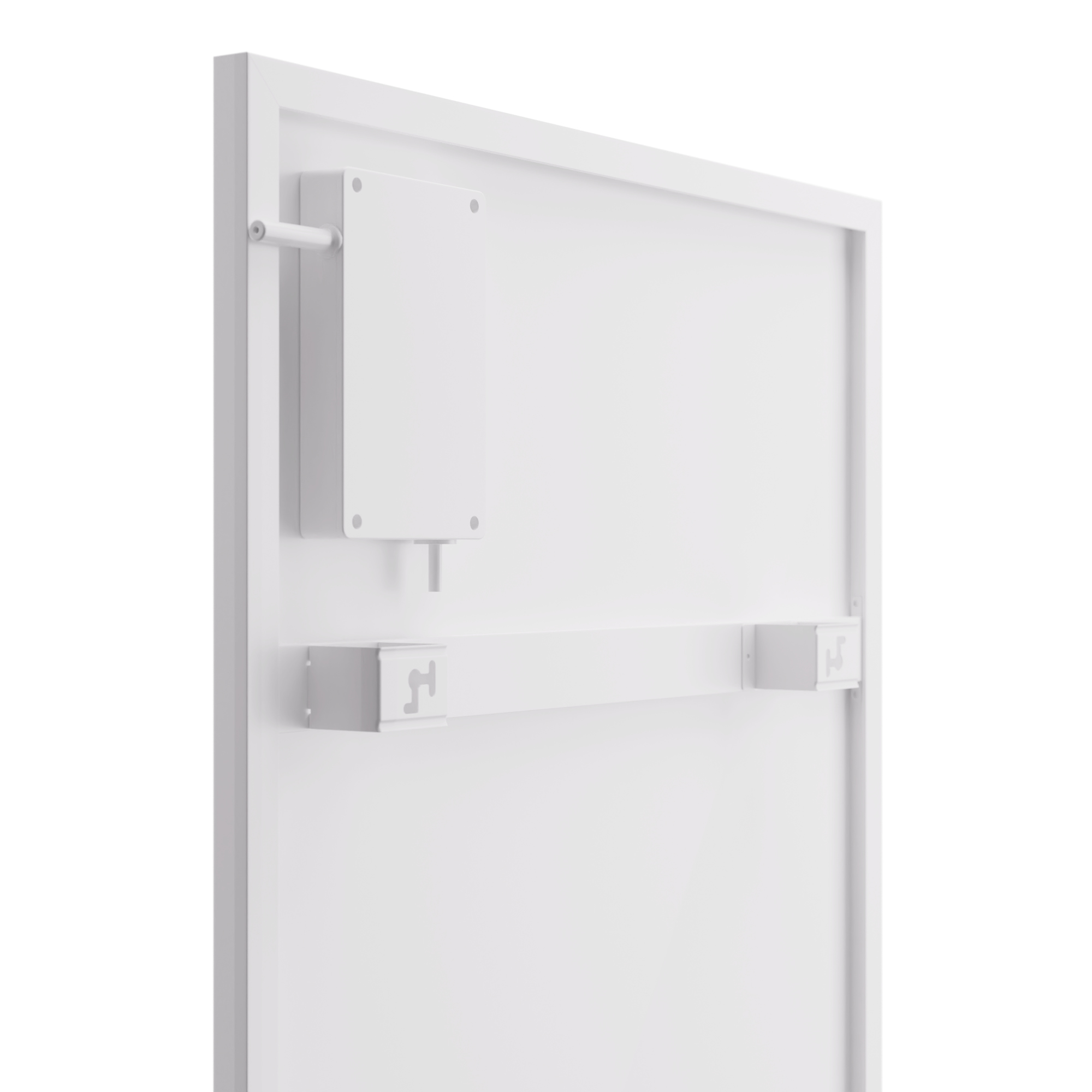 Weißes rechteckiges Panel mit weißen Boxen und einer horizontalen Leiste. Der Hintergrund ist weiß.