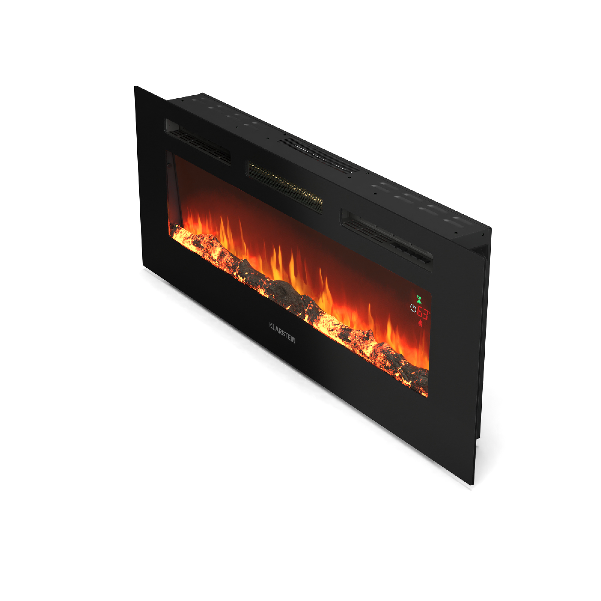 Caminetto elettrico nero con fiamme e display digitale della temperatura. Il marchio è Klarstein.