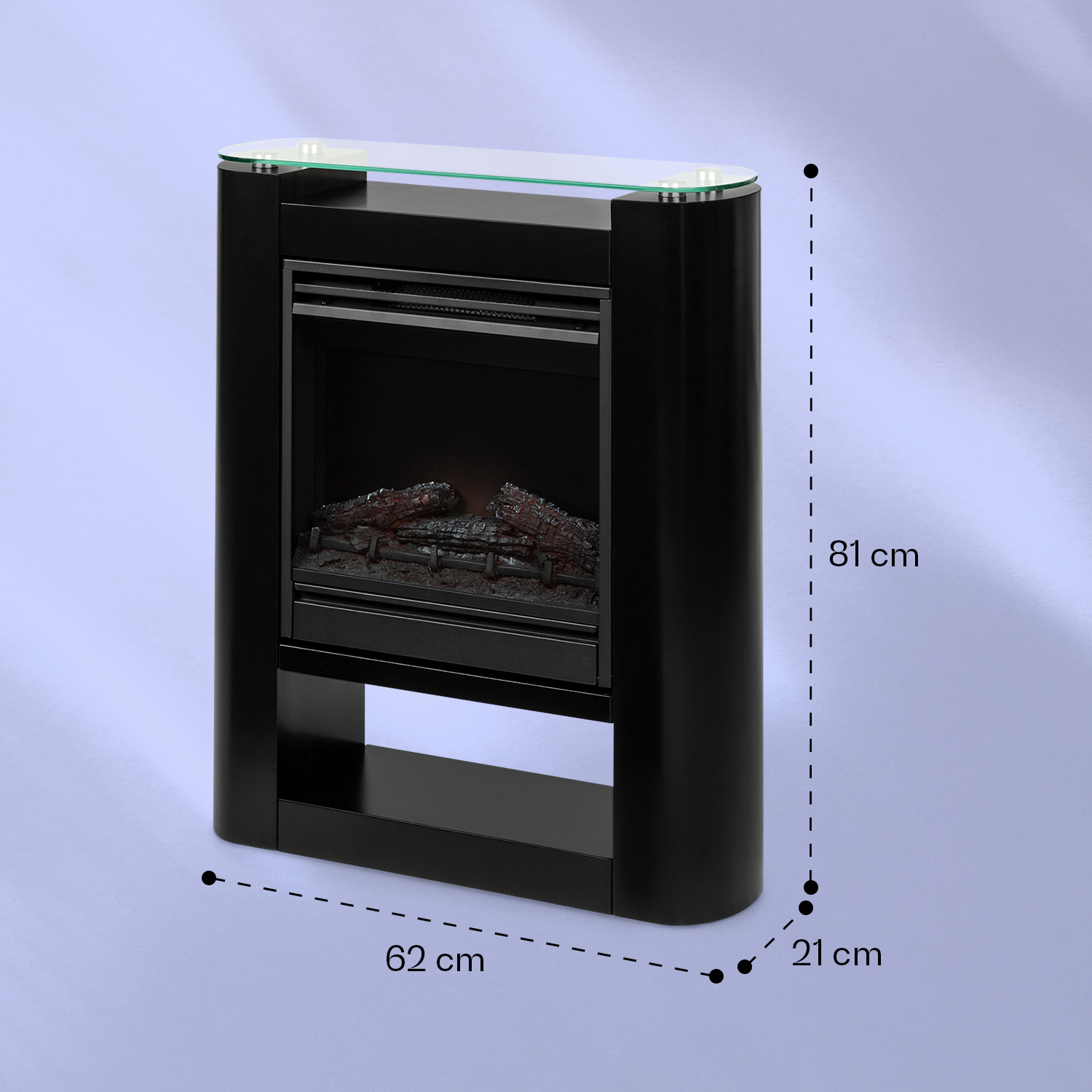 Una chimenea eléctrica negra con dimensiones etiquetadas. Tiene una tapa de cristal y un estante. El fondo es azul.