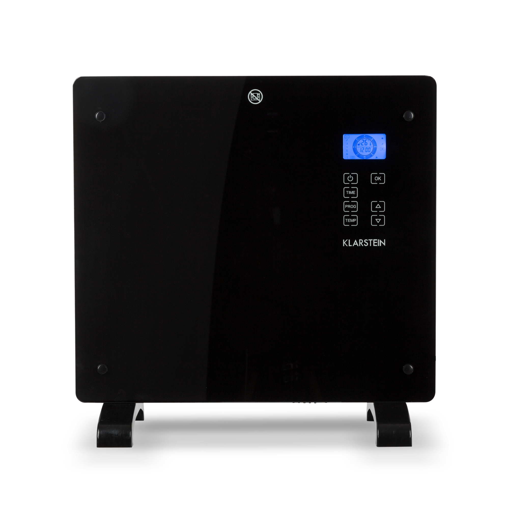 Un termoventilatore elettrico Klarstein nero. Ha un display digitale e poggia su piedini neri. Lo sfondo è bianco.