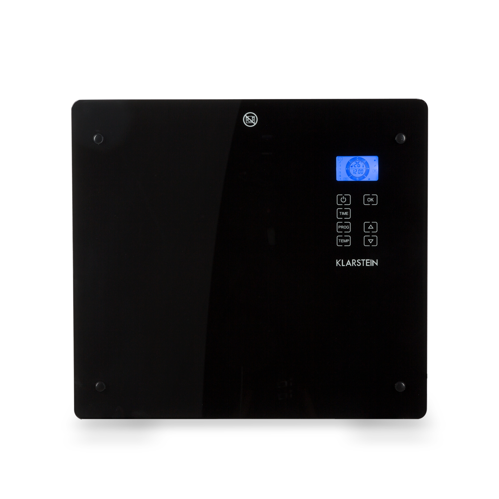 Pannello nero con display digitale che mostra ora e temperatura. Pulsanti per tempo, programma e temperatura visibili.