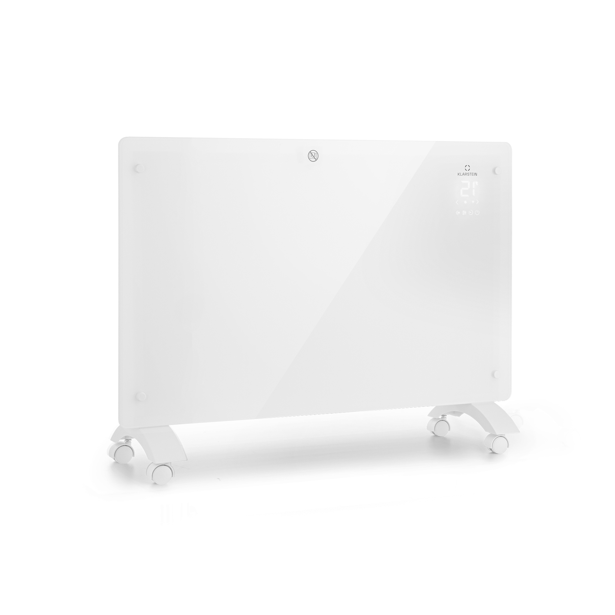 Un termoventilatore elettrico bianco su ruote. Ha un display digitale che mostra la temperatura. Lo sfondo è bianco.