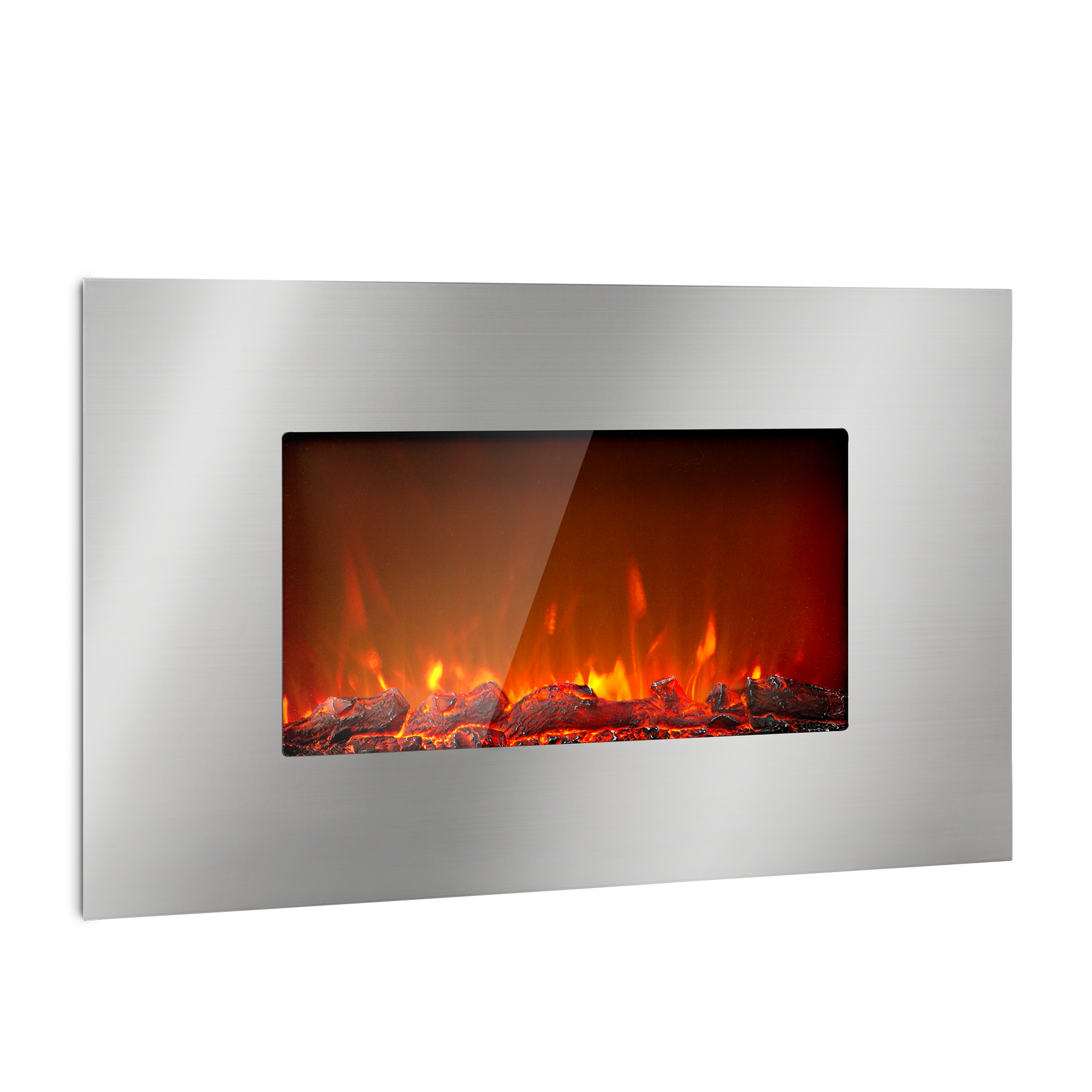 Ein moderner elektrischer Kamin mit silbernem Rahmen. Flammen und glühende Glut sind durch das Glas sichtbar.