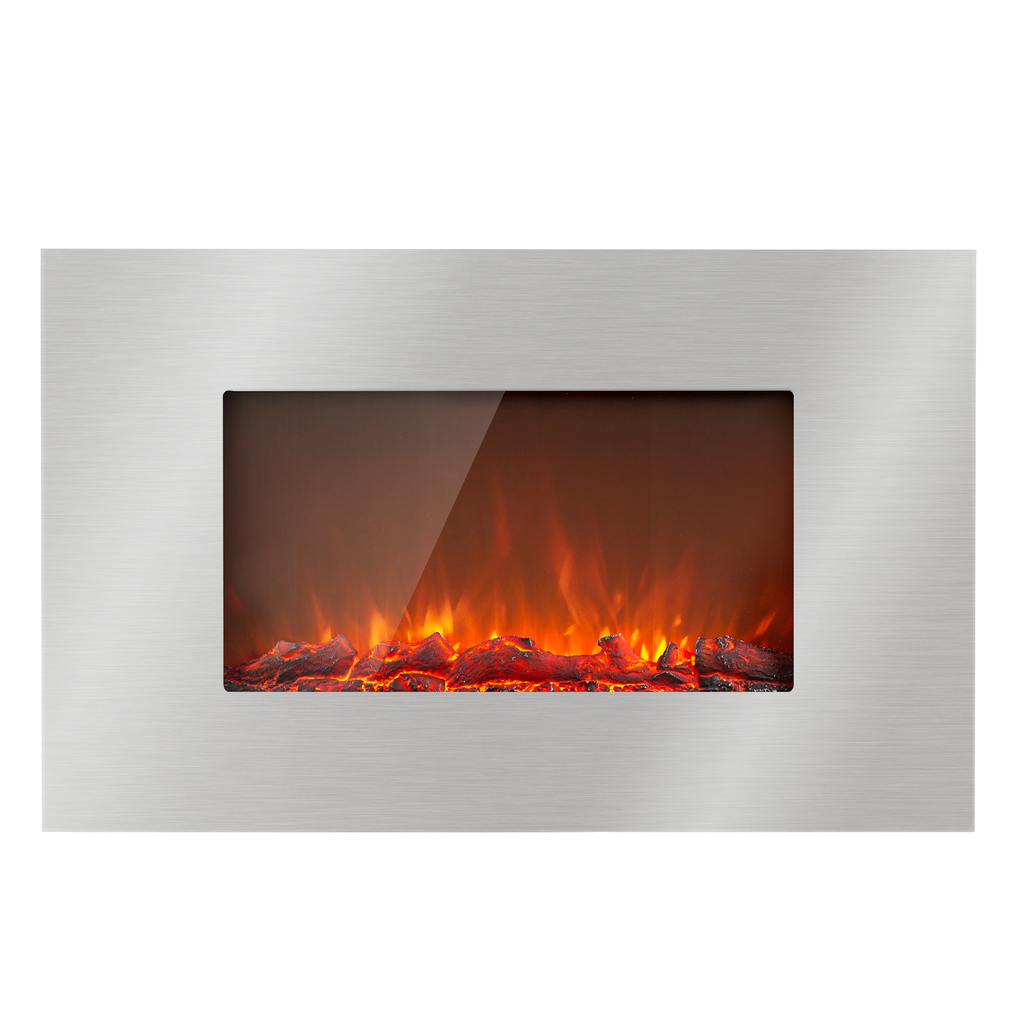 Ein moderner Elektrokamin mit Metallrahmen. Das Feuer ist orange und rot, mit einem dunkelbraunen Innenraum.