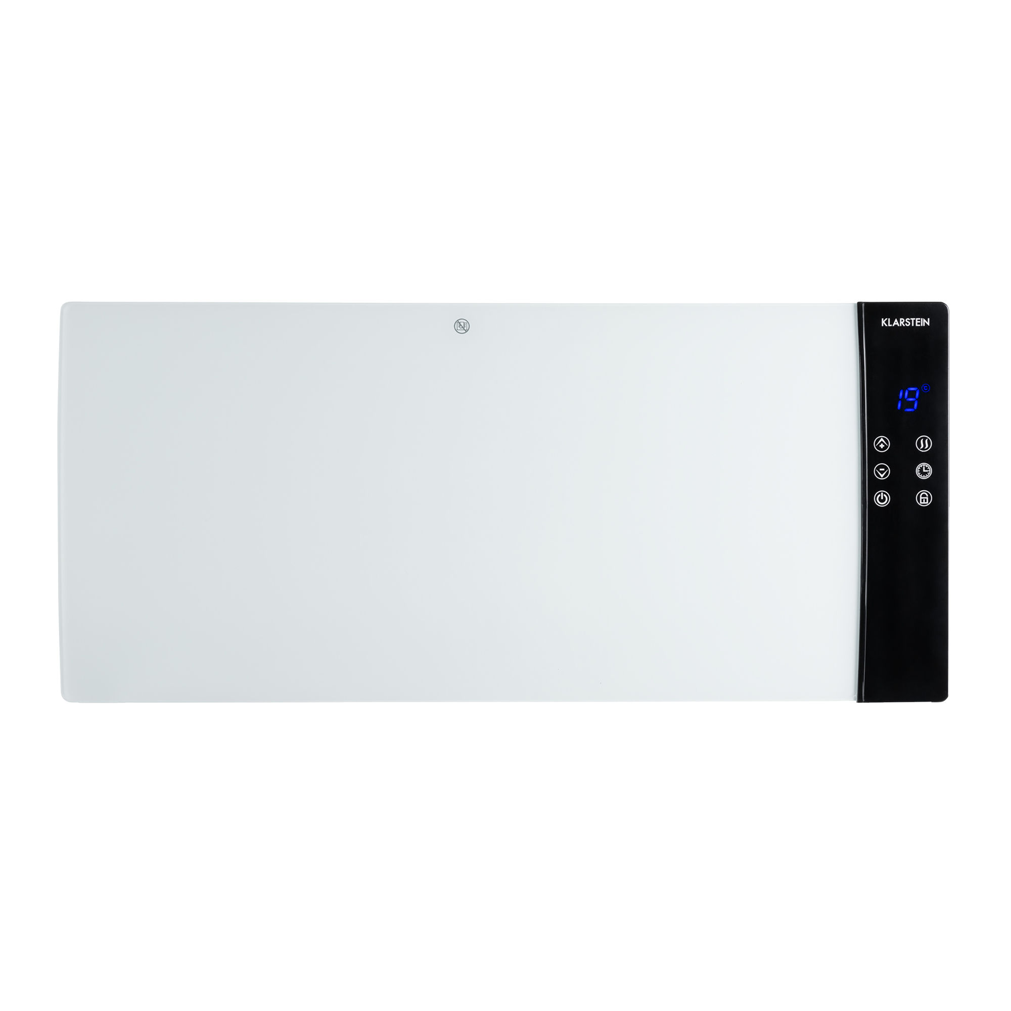 Un calentador Klarstein blanco con un panel de control negro muestra 19 grados. El calentador tiene un logo arriba.