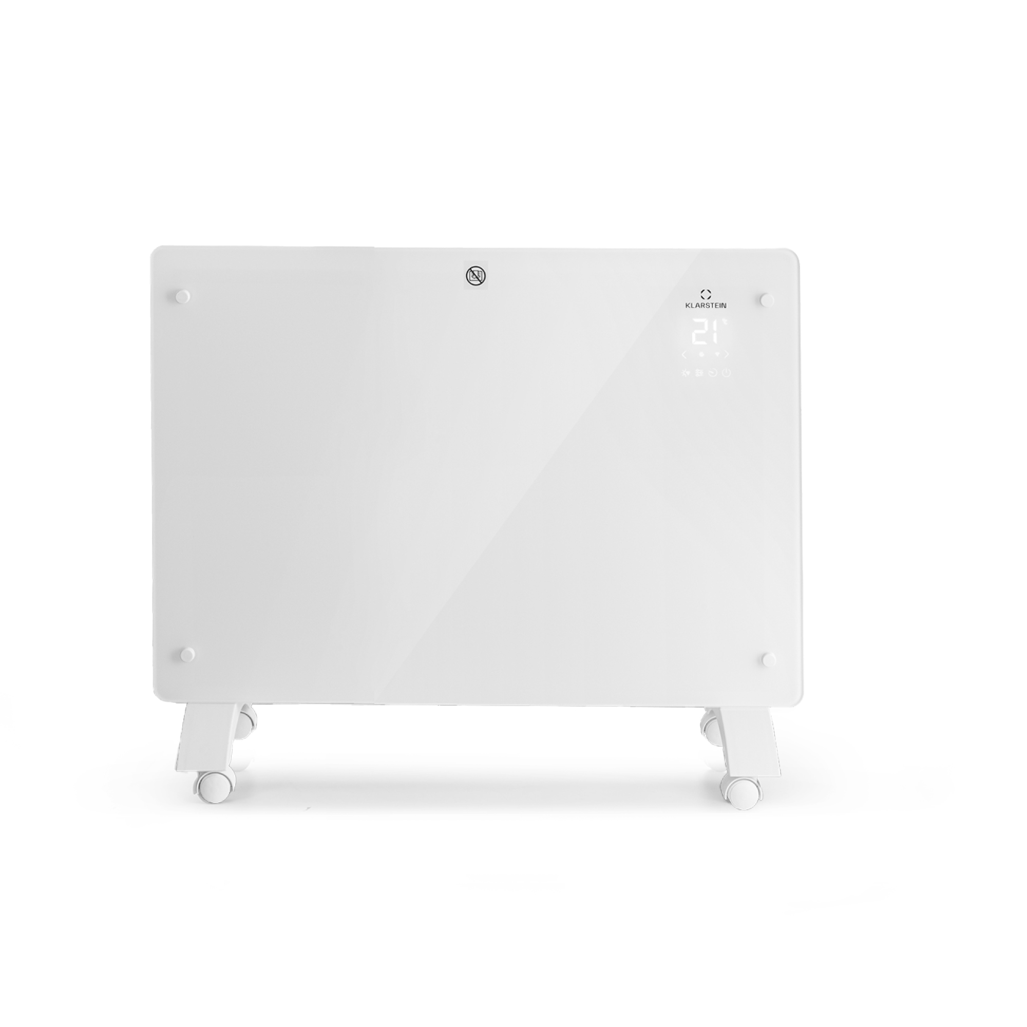 Un termoventilatore elettrico bianco su ruote. Ha un display digitale che mostra la temperatura. Lo sfondo è bianco.