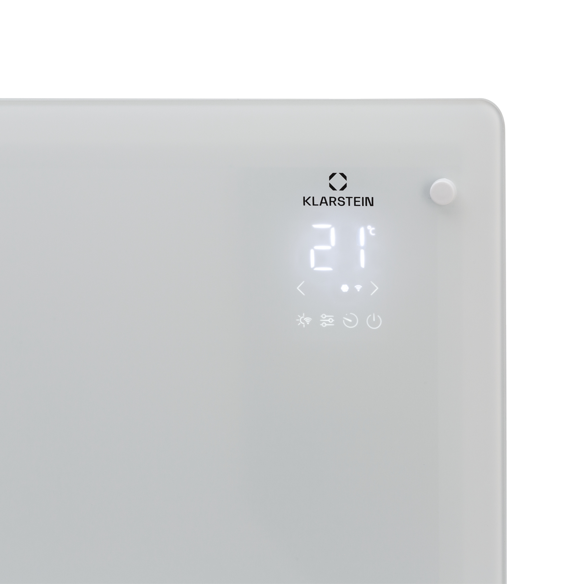 Termoventilatore elettrico bianco con display digitale che mostra 21 gradi Celsius. Ha pulsanti di controllo e il logo Klarstein.