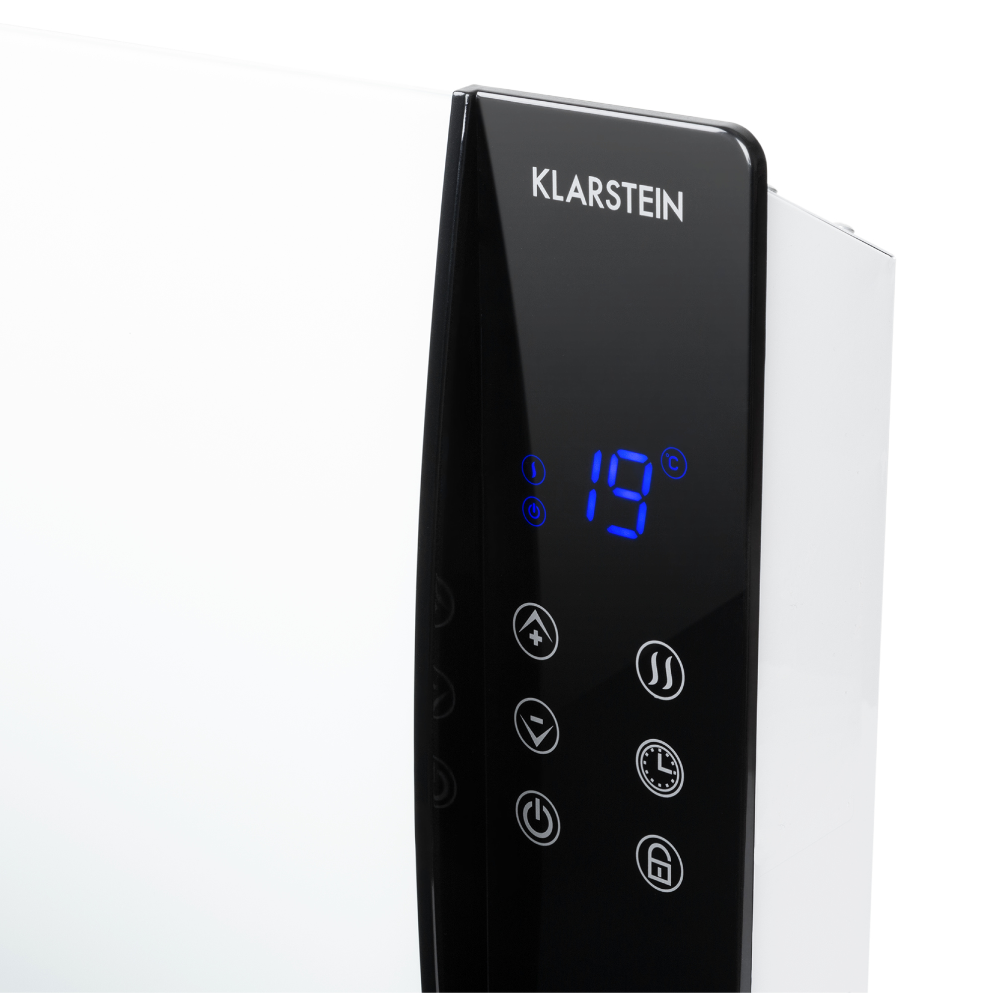 Primer plano de una pantalla de calefactor eléctrico en blanco y negro. Muestra 19 grados en azul. La marca es Klarstein.