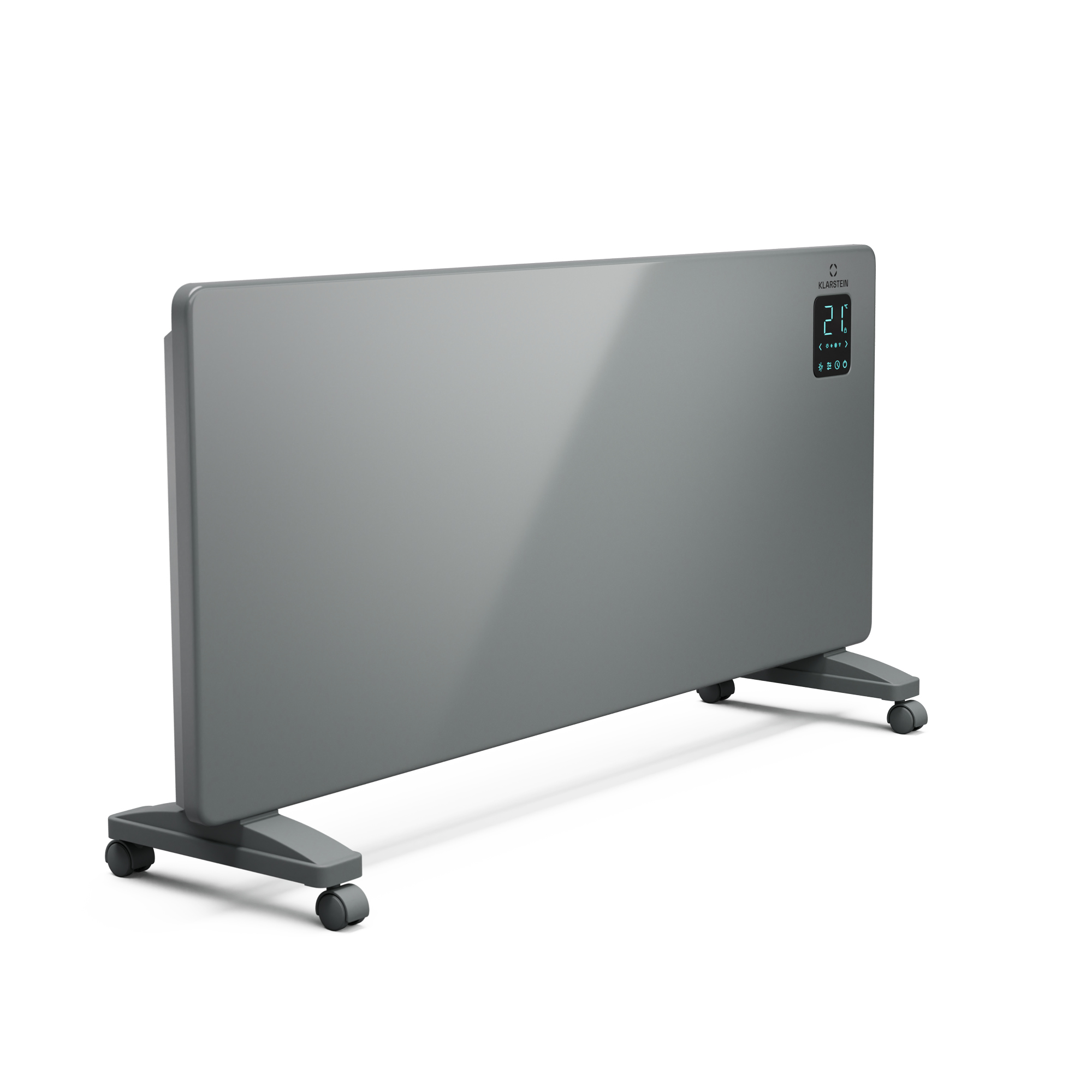 Un calefactor eléctrico gris con pantalla digital muestra 21 grados. Tiene ruedas y está sobre una superficie blanca.
