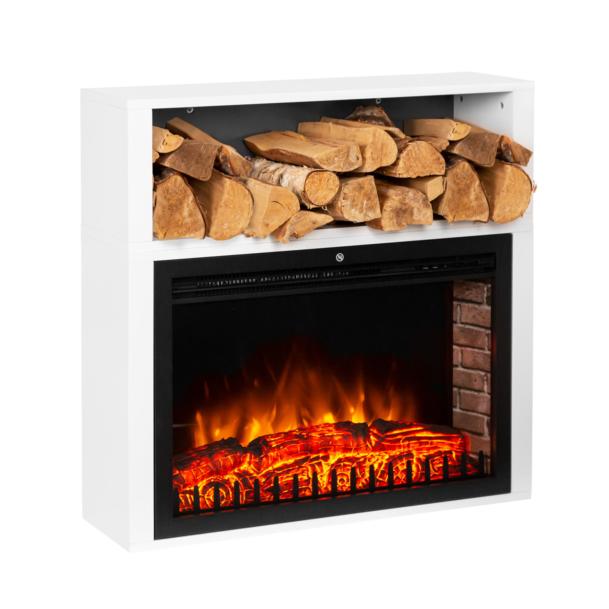 Ein weißer Kamin mit schwarzem Rahmen. Er hat einen Feuereffekt und Holzscheite darüber. Der Hintergrund ist weiß.