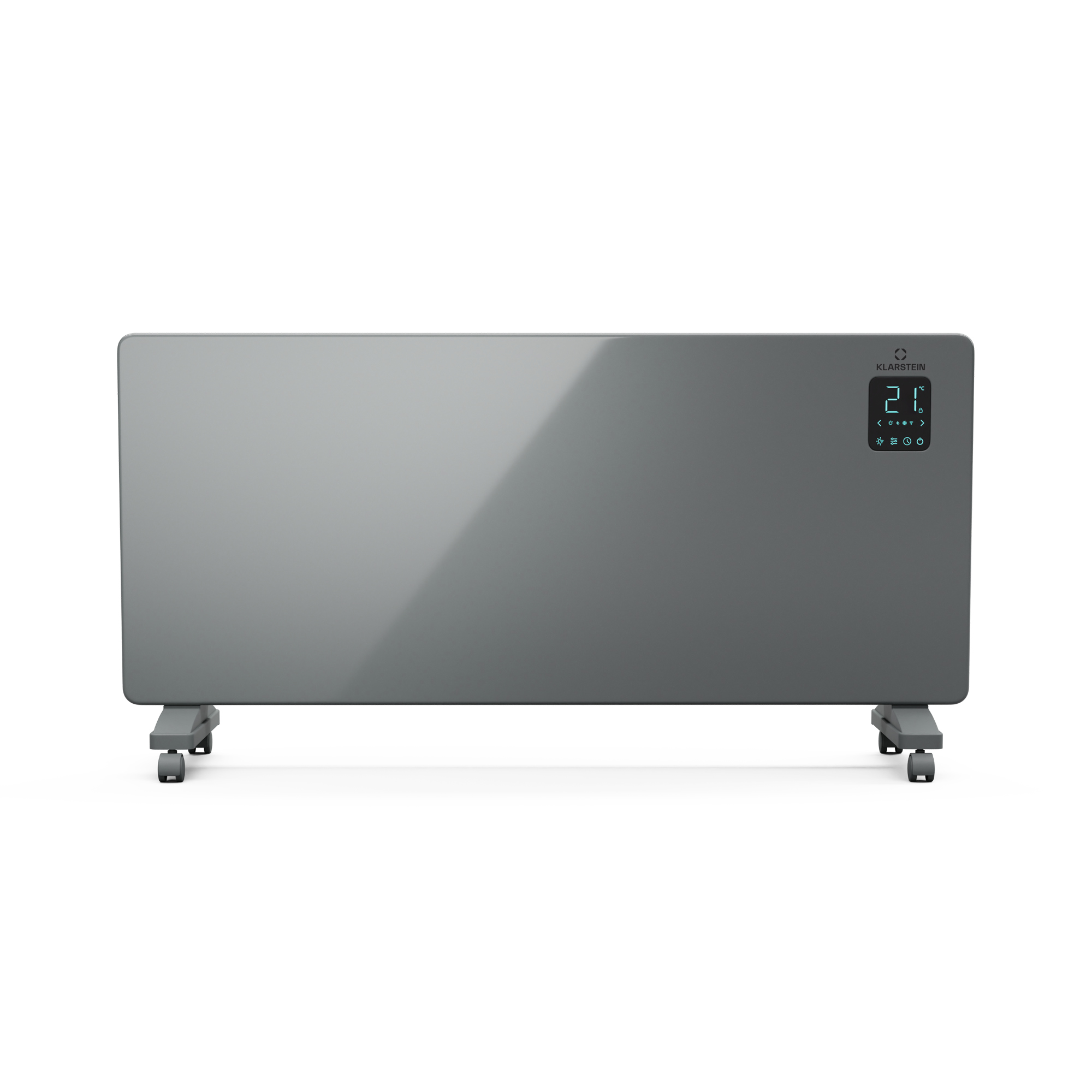 Un calefactor eléctrico gris con pantalla digital que muestra 21 grados, sobre fondo blanco.