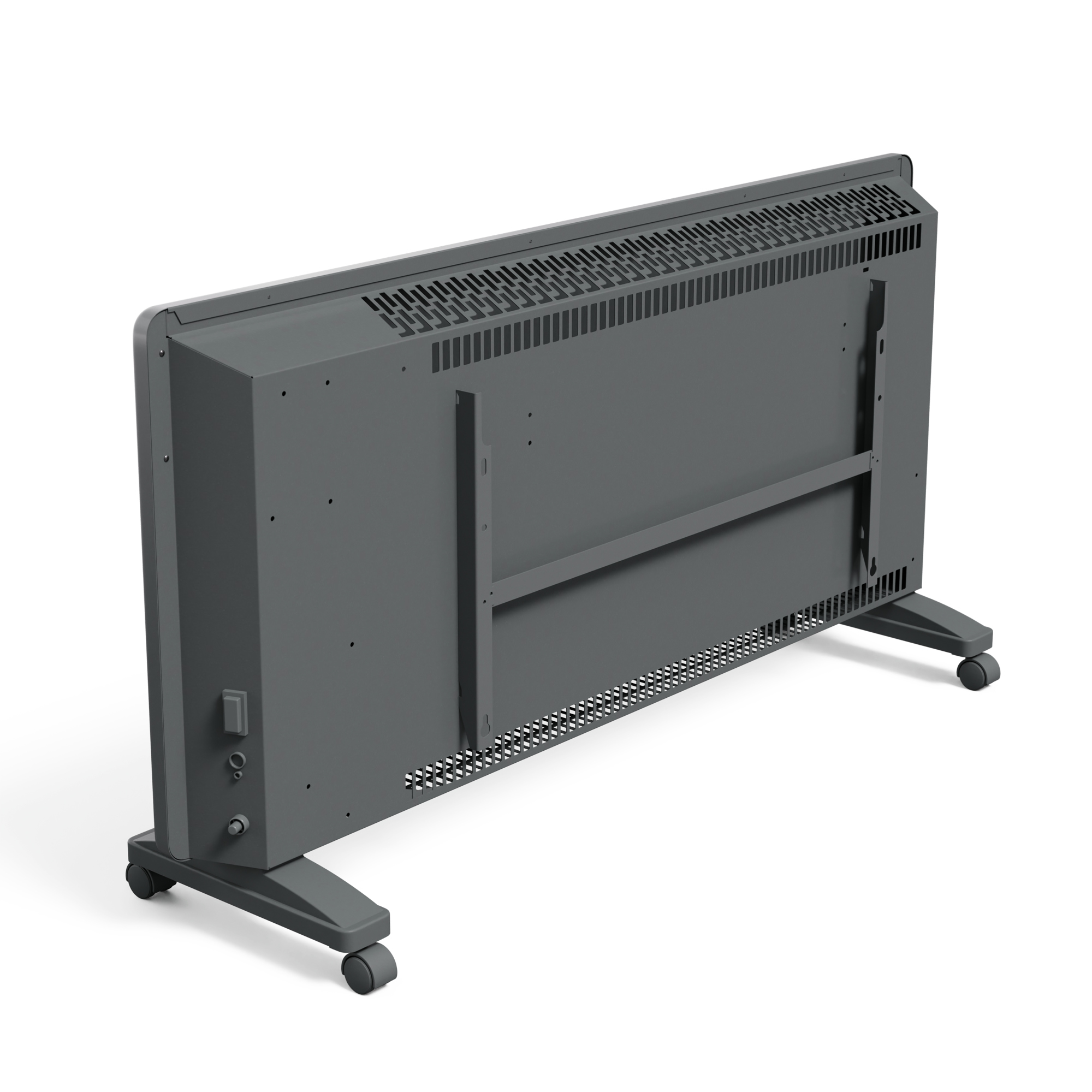 Un calefactor eléctrico gris sobre ruedas. Tiene orificios de ventilación y un interruptor de encendido/apagado. Fondo blanco.