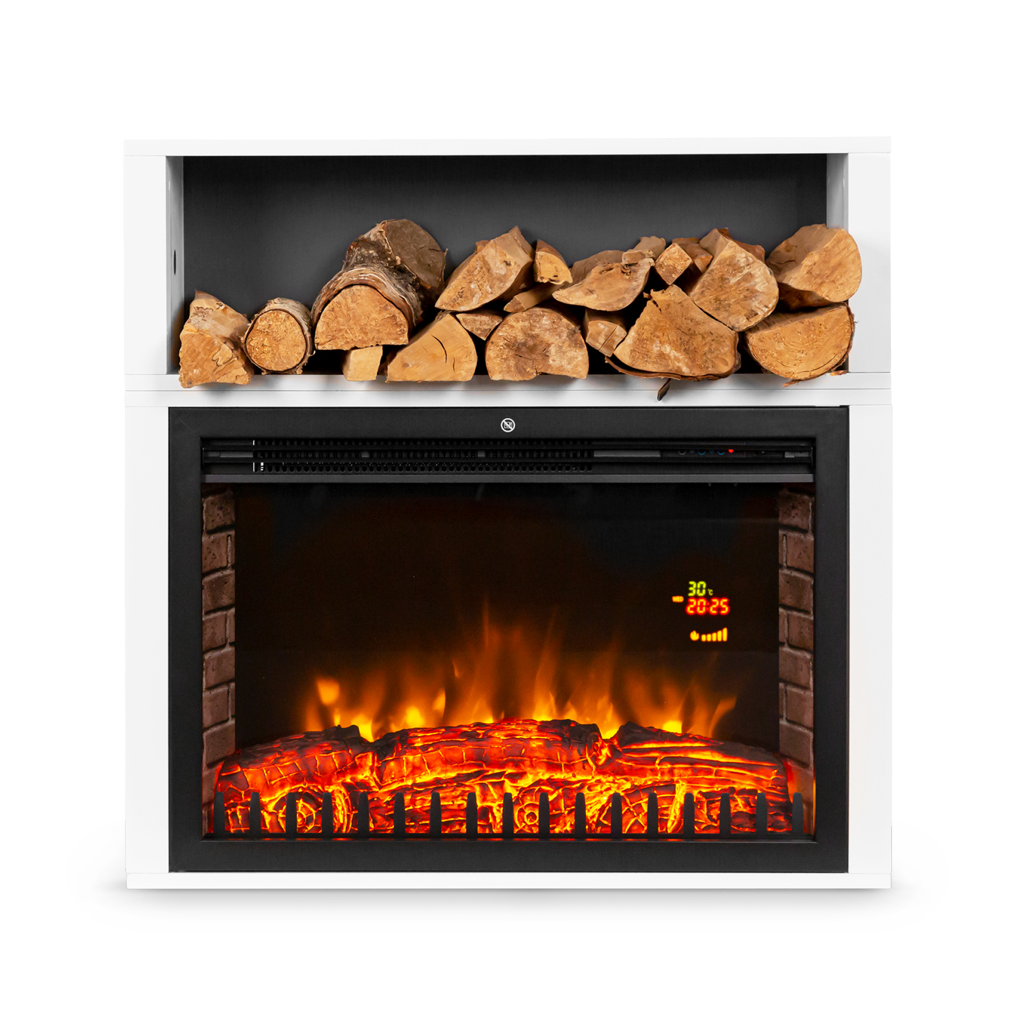 Ein weißer Kamin mit schwarzem Innenraum. Er hat einen Holzhalter mit Holzscheiten und einen Feuereffekt.