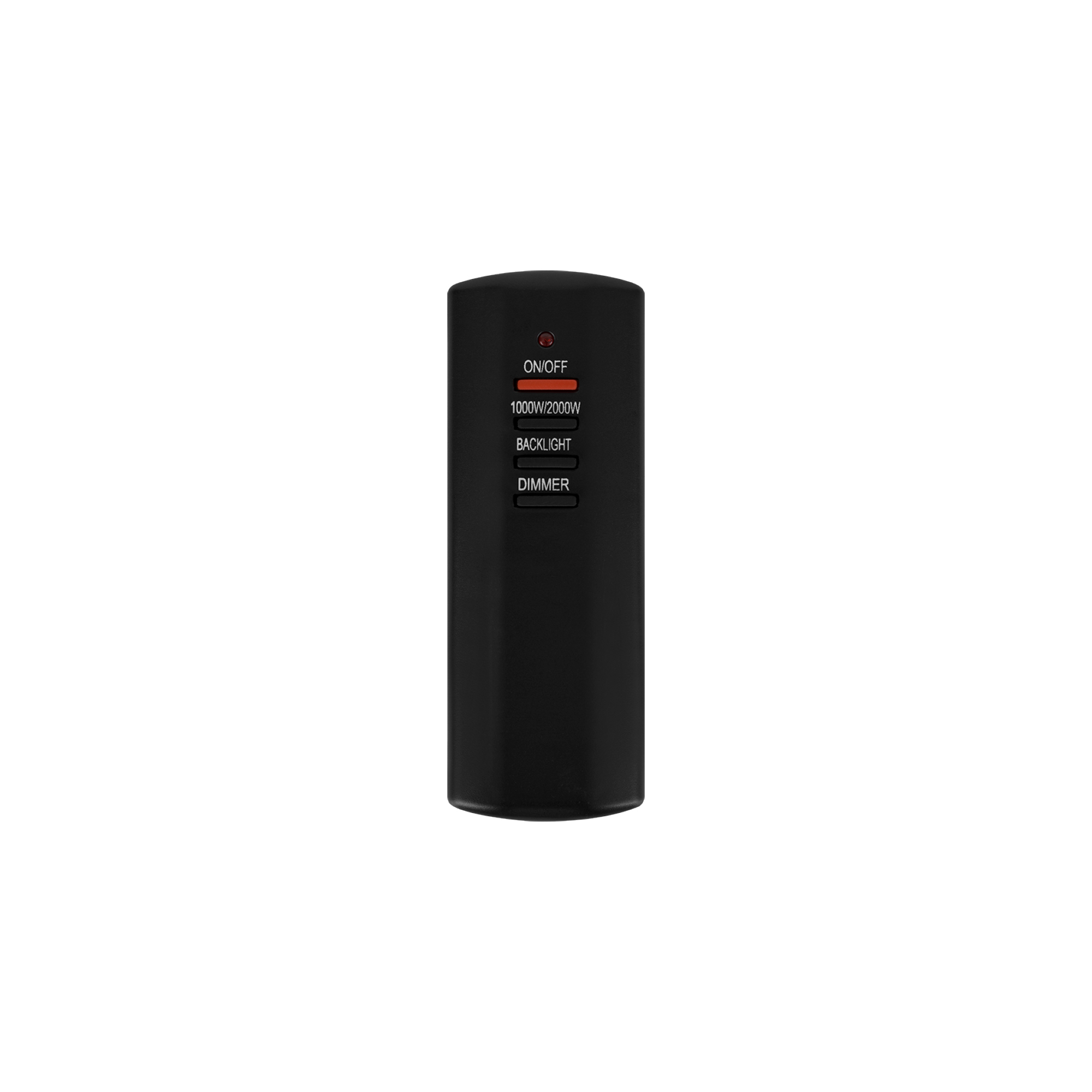 Eine schwarze Fernbedienung mit Tasten für Ein/Aus, 1000W/2000W, Hintergrundbeleuchtung und Dimmer, vor weißem Hintergrund.