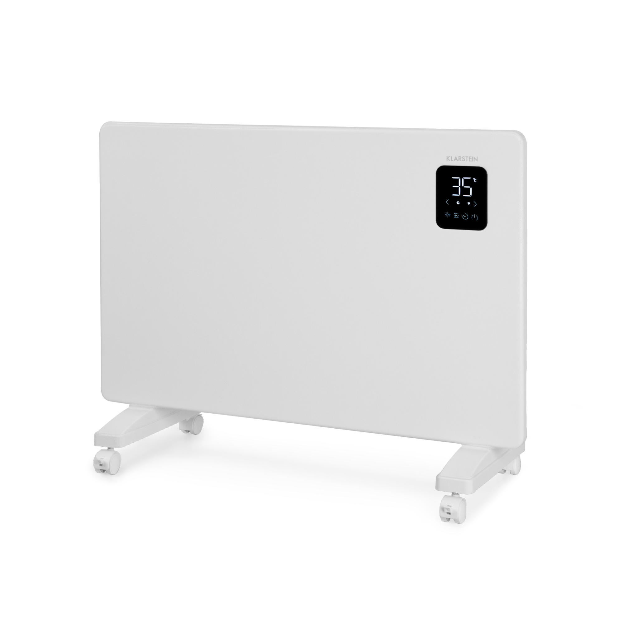 Un calefactor eléctrico blanco con pantalla digital que muestra 35 grados. Tiene ruedas y está sobre fondo blanco.