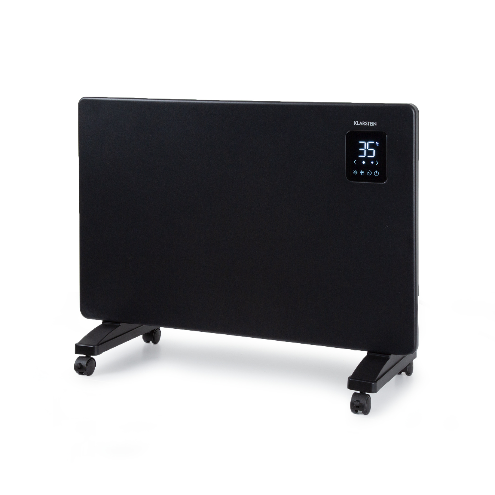 Un calentador eléctrico negro Klarstein con pantalla digital que muestra 35 grados. Está sobre ruedas, aislado sobre blanco.