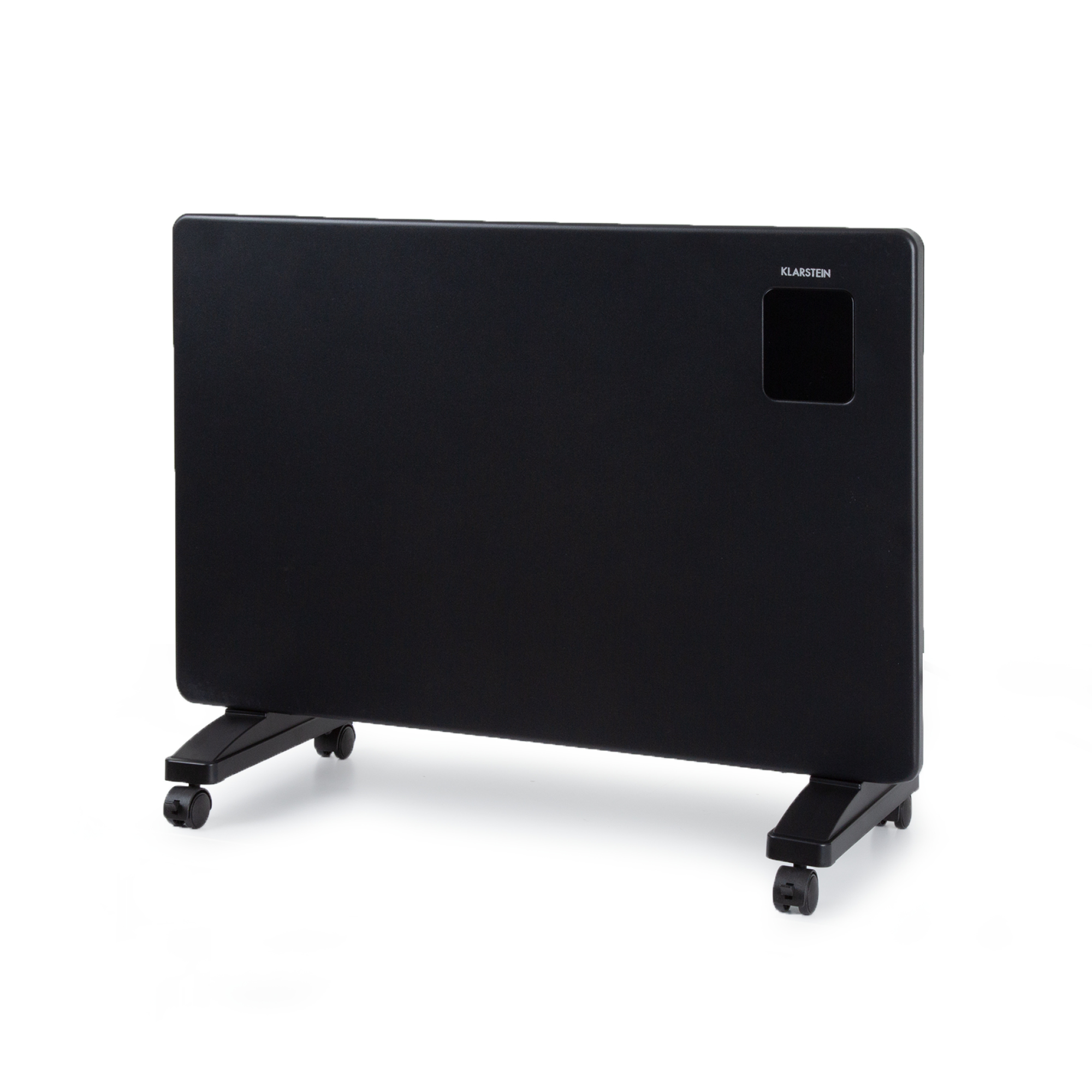 Un calefactor eléctrico Klarstein negro sobre ruedas. Tiene forma rectangular y un panel de control arriba a la derecha.