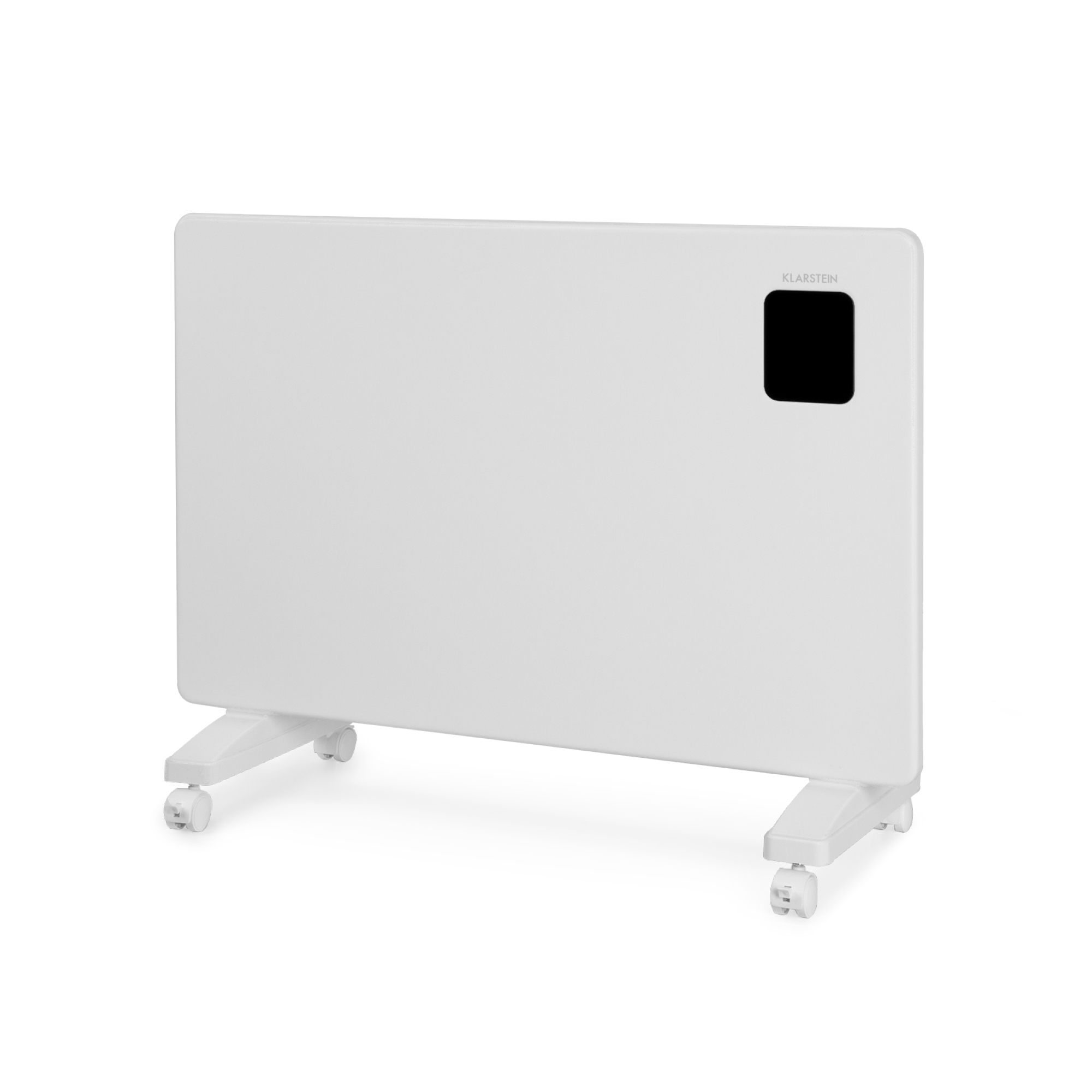 Calentador eléctrico blanco con panel de control negro y ruedas, aislado sobre fondo blanco.