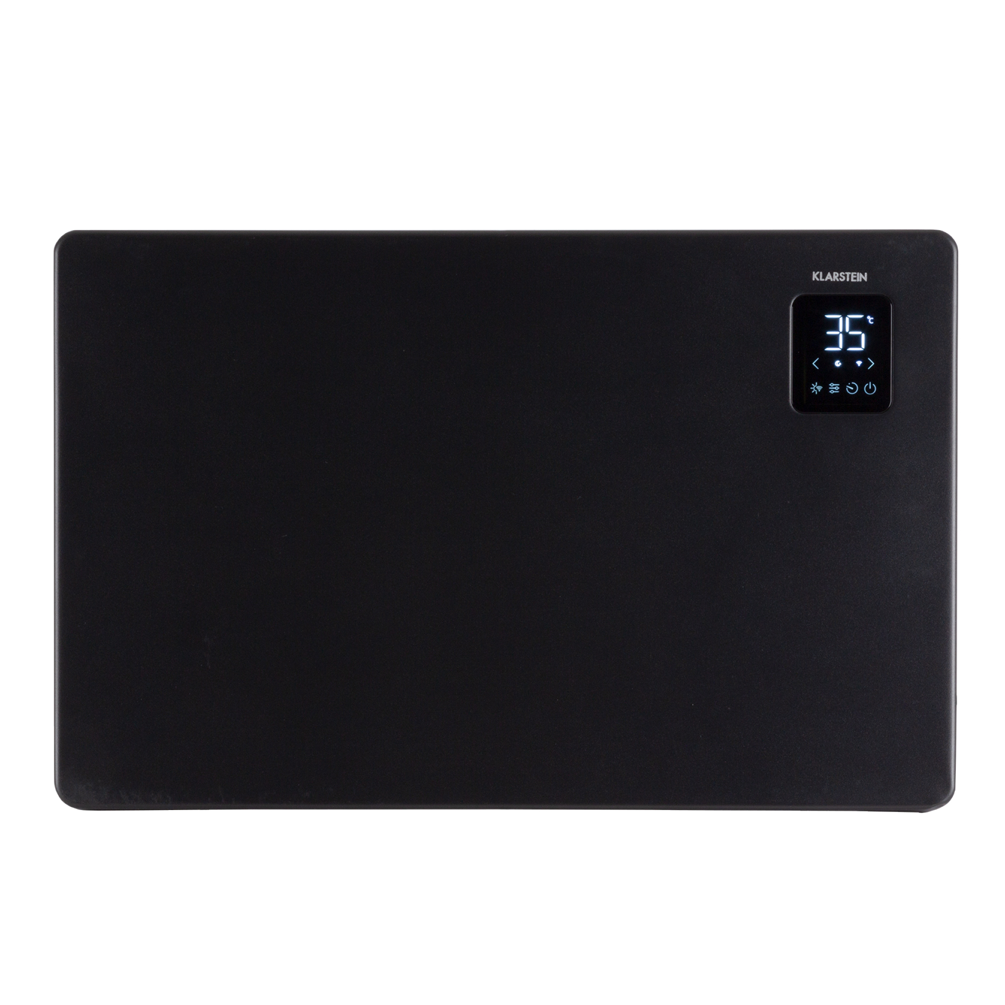 Calentador eléctrico Klarstein negro con pantalla digital que muestra 35 grados. El calentador está sobre un fondo blanco.