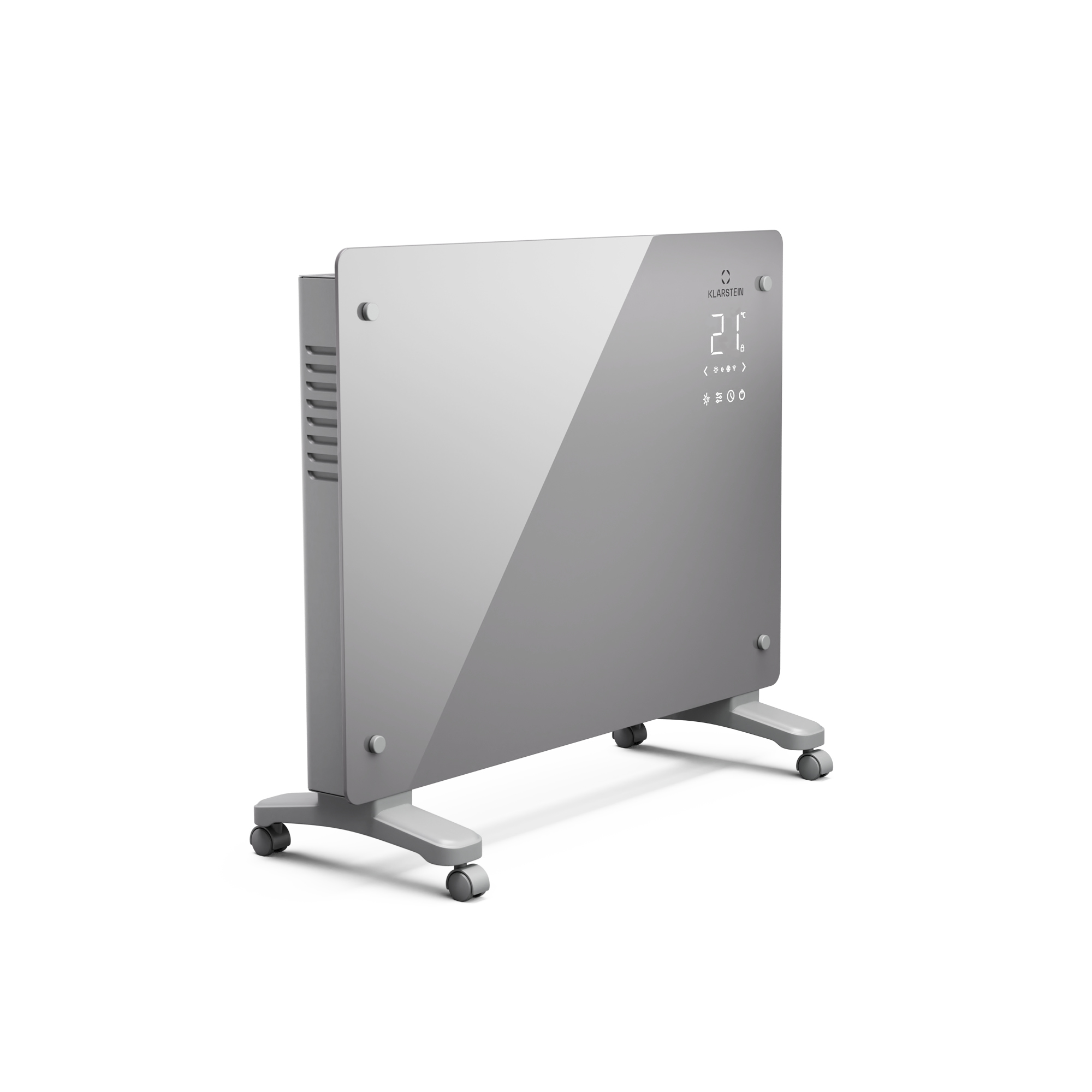 Un termoconvettore elettrico grigio con display digitale che mostra 21 gradi. È su ruote e ha una superficie liscia.