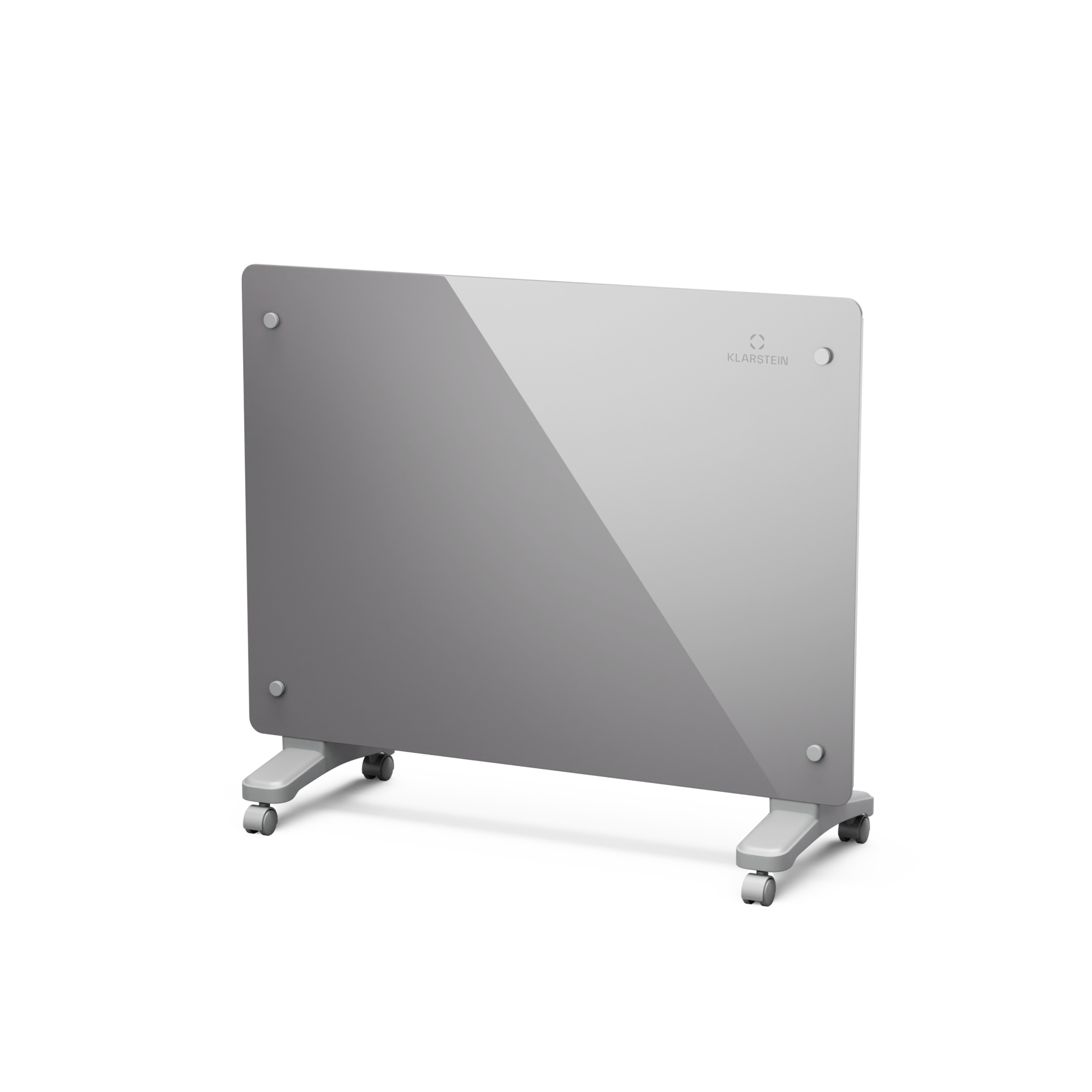 Un termoventilatore grigio su ruote. Ha un design diagonale e il marchio 'Klarstein' è visibile.