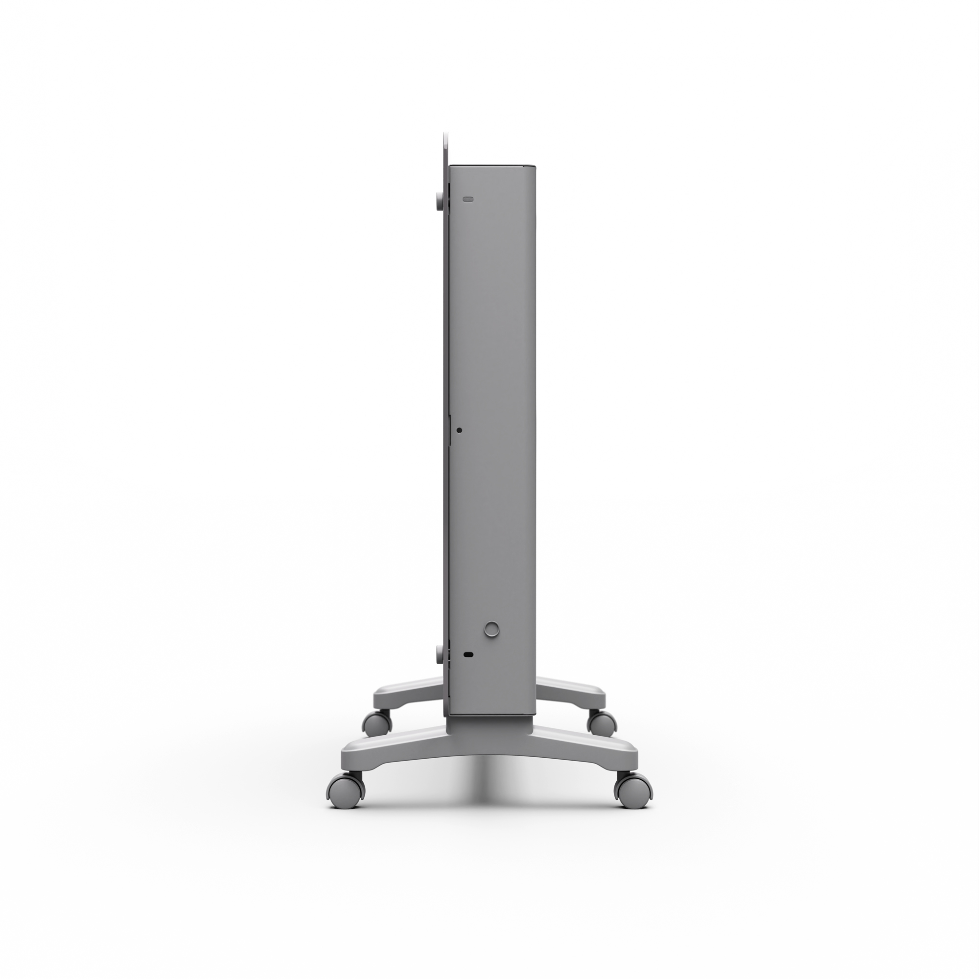 Un dispositivo grigio rettangolare su ruote, visto lateralmente, su sfondo bianco. Ha un design verticale.