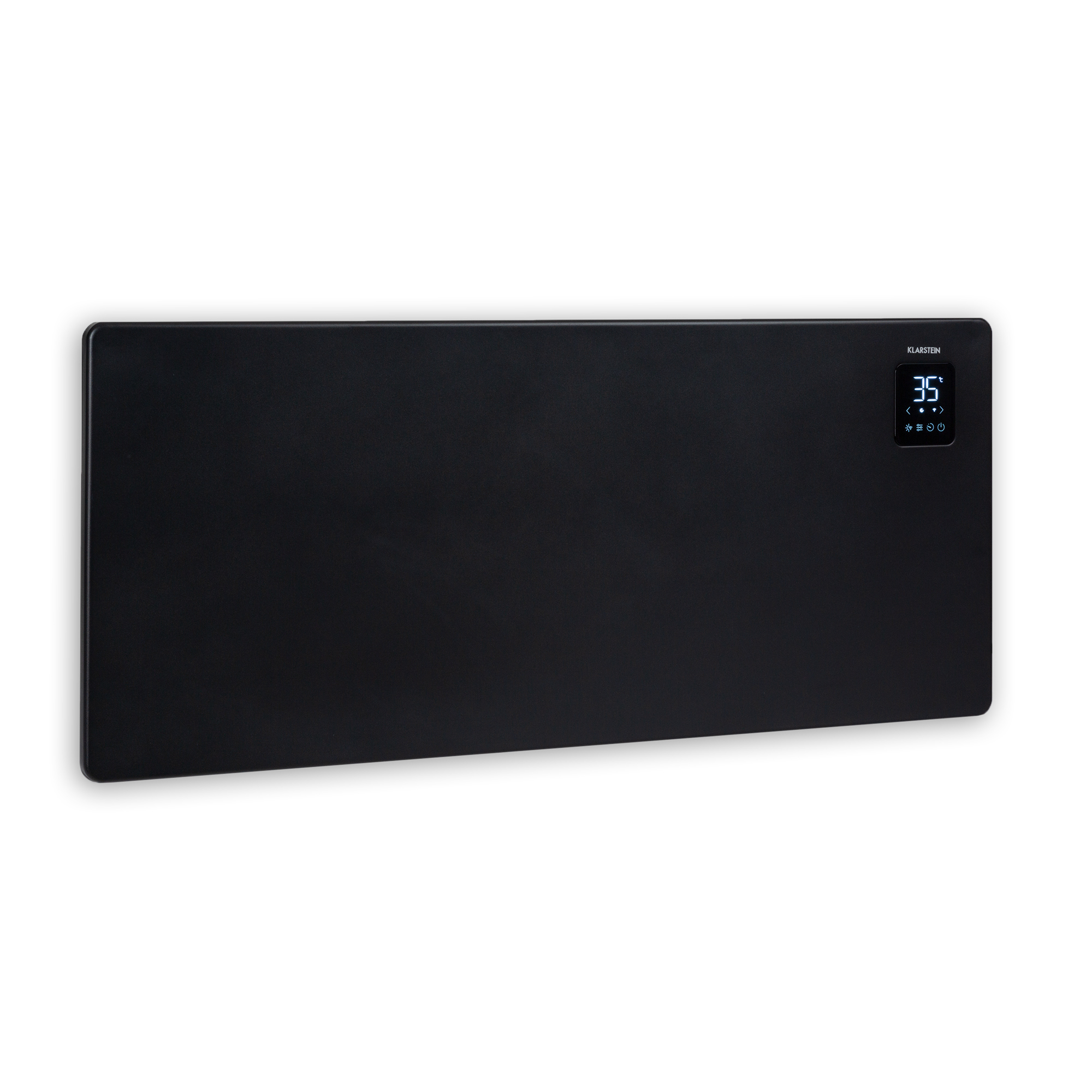 Un calefactor de pared negro con una pantalla digital que muestra 35 grados. El calefactor está sobre fondo blanco.