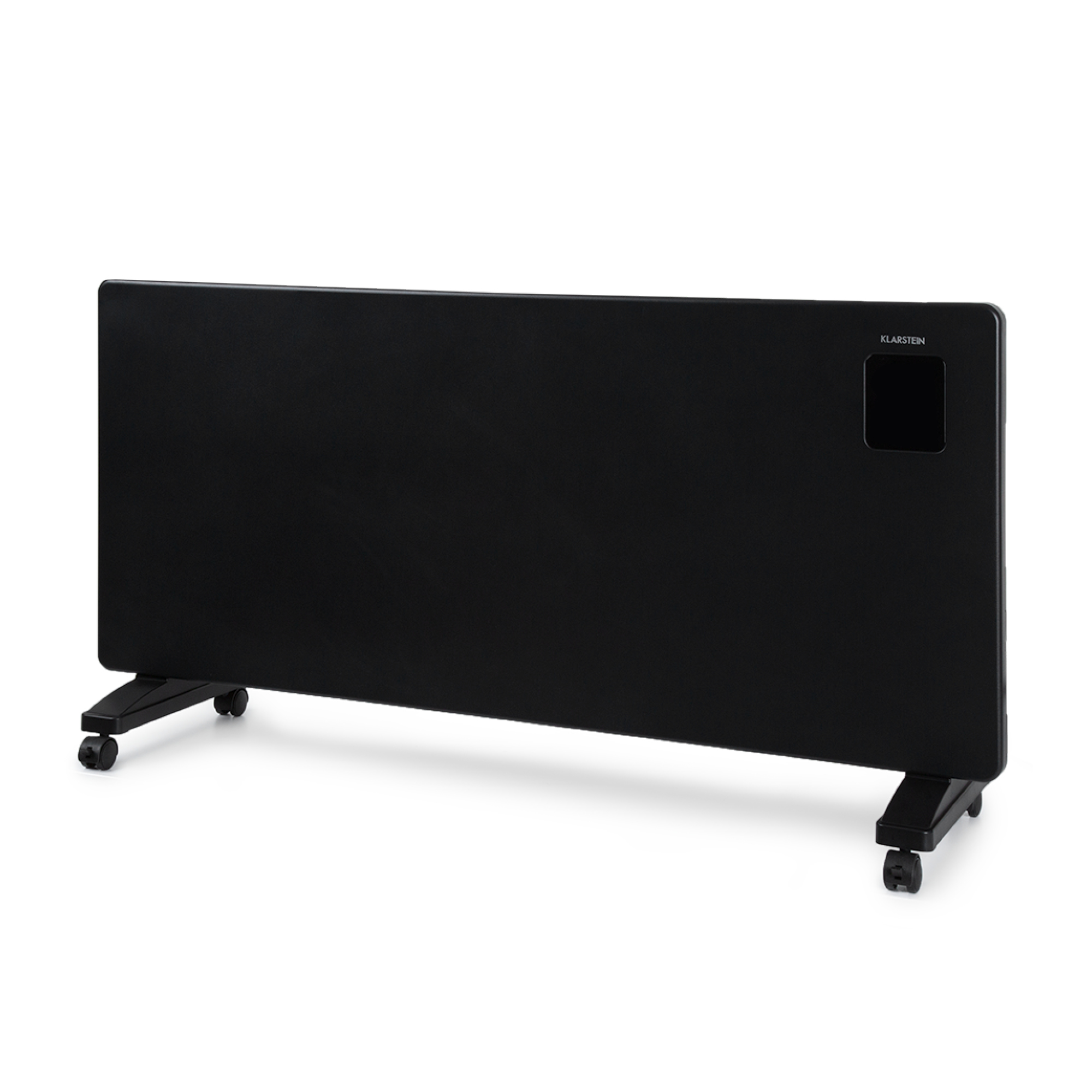 Un calefactor eléctrico Klarstein negro sobre ruedas. Tiene una pantalla digital y está sobre un fondo blanco.