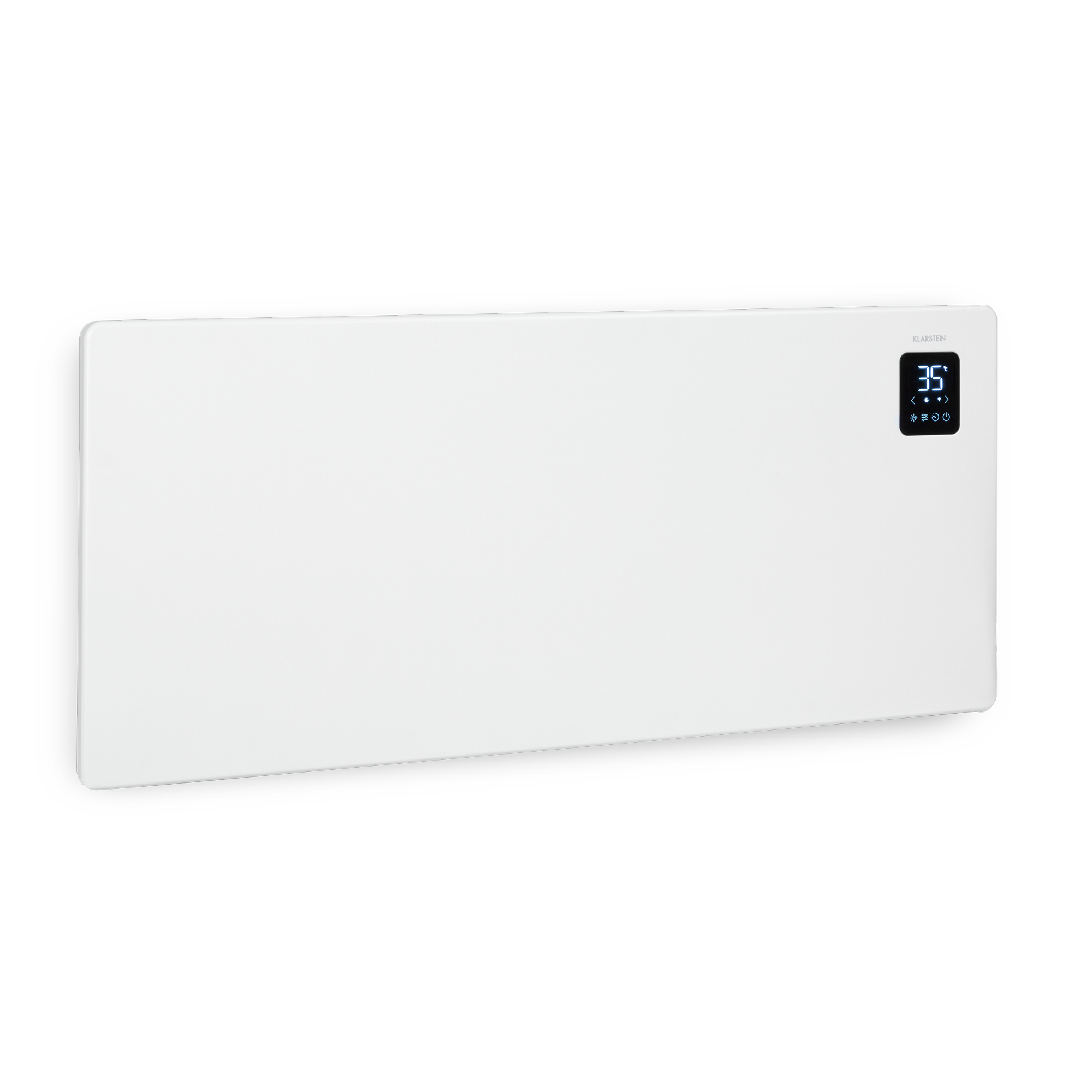 Un termoventilatore elettrico Klarstein bianco. Ha un display digitale che mostra 35 gradi. Lo sfondo è bianco.