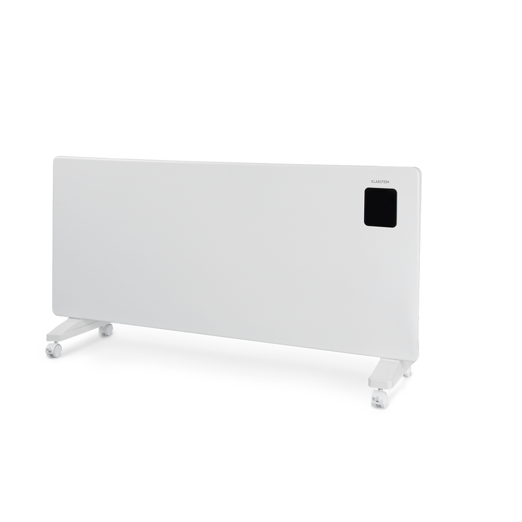 Un termoventilatore elettrico bianco su ruote. Ha un pannello di controllo nero e il marchio 'Klarstein'.