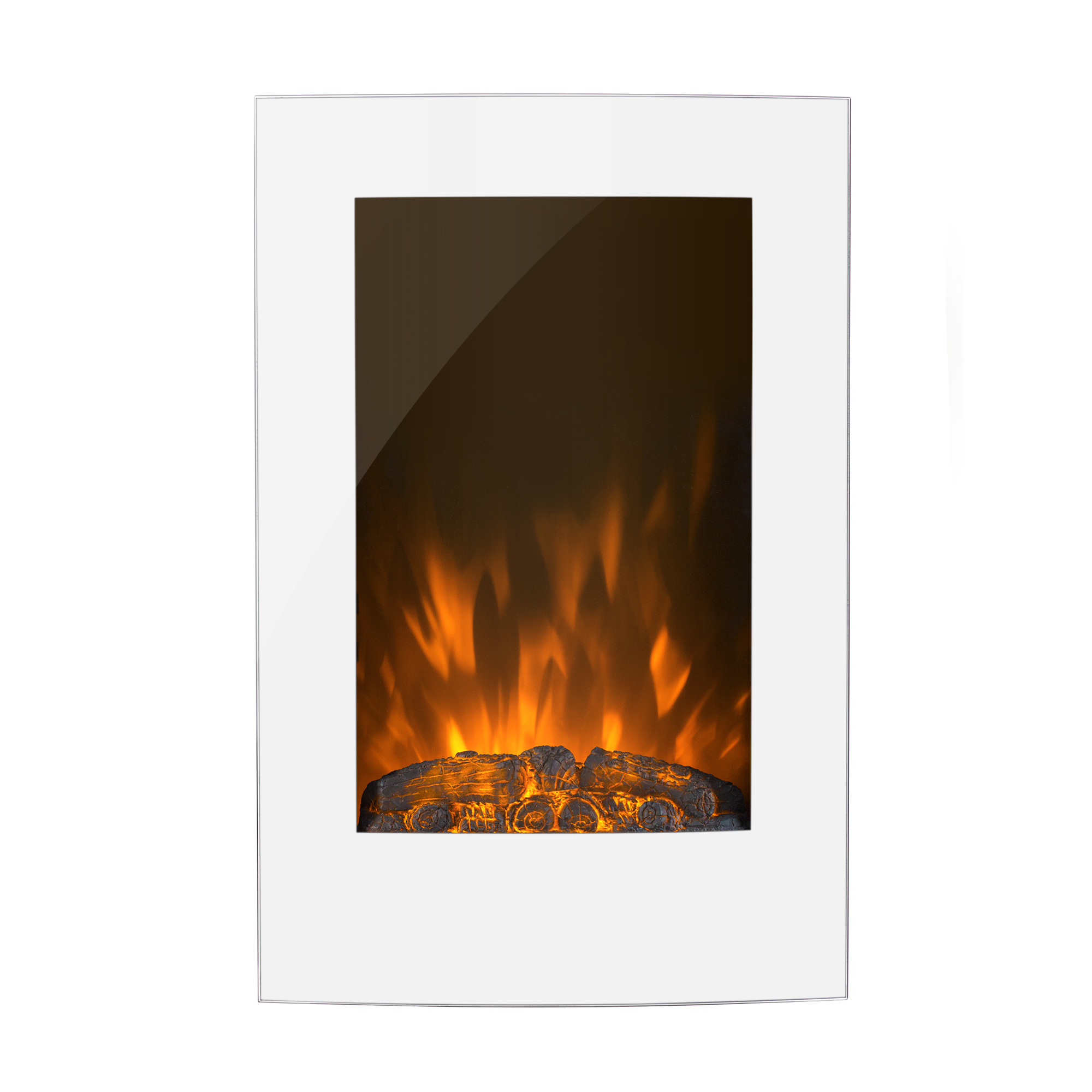 Elektrischer Kamin mit weißem Rahmen. Hinter Glas sind orangefarbene Flammen zu sehen, über dunklen, strukturierten Holzscheiten.